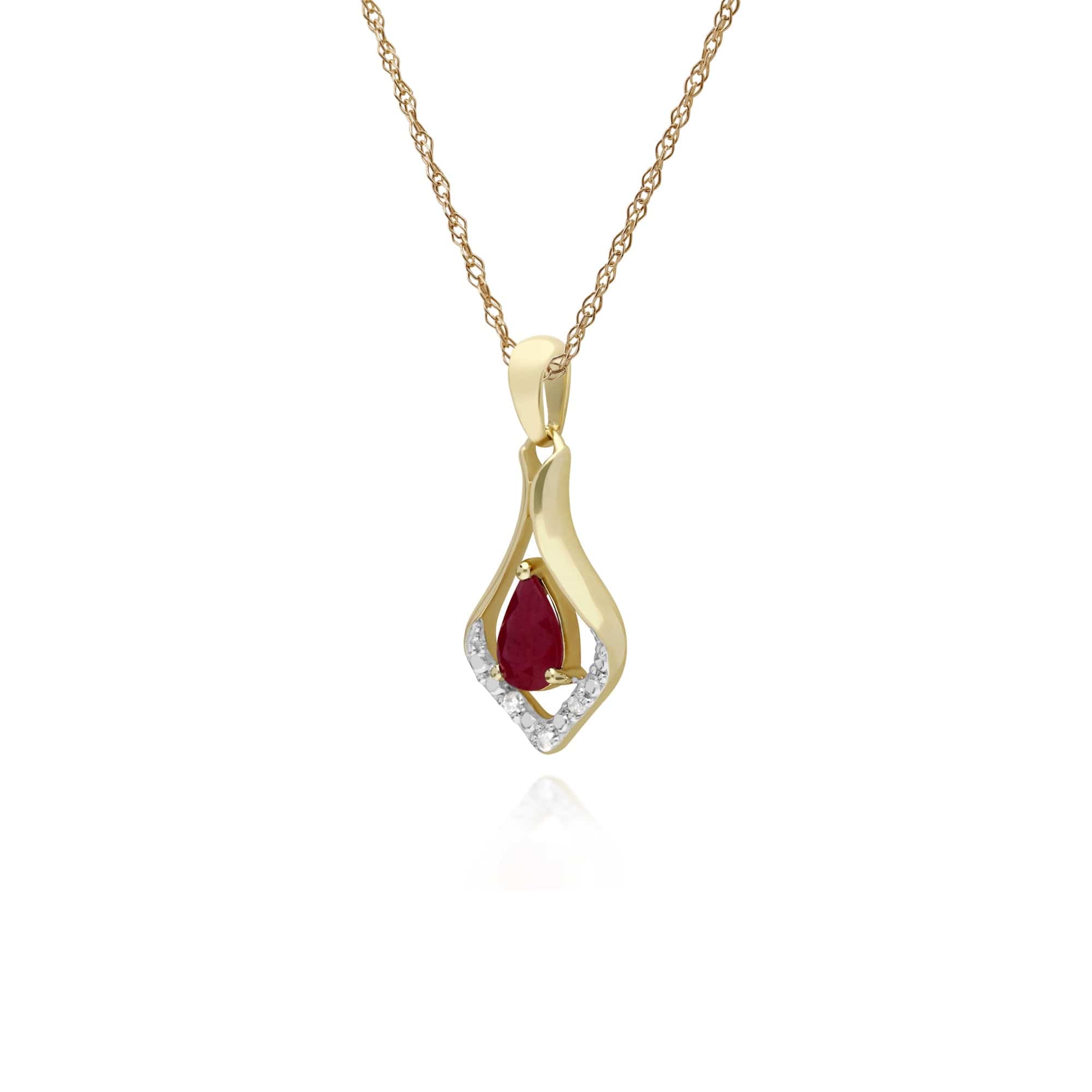 135P1915019 Classic Pear Ruby & Three Diamond Leaf Halo Pendant in 9ct Yellow Gold 2