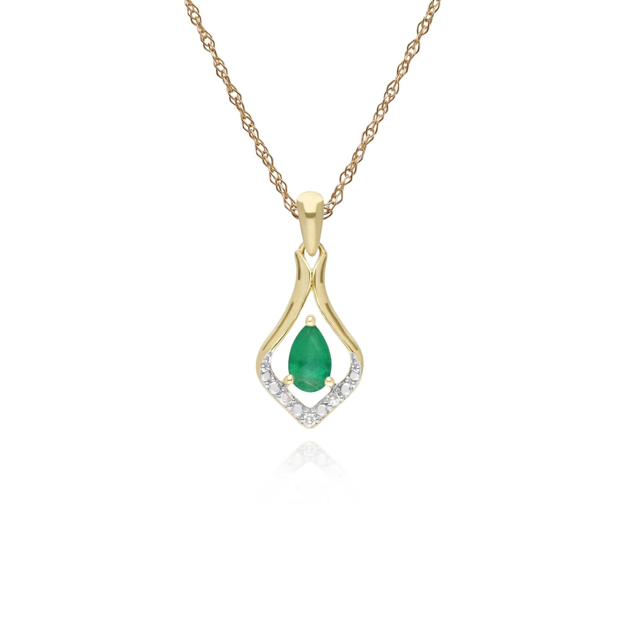 135P1915039 Classic Pear Emerald & Three Diamond Leaf Halo Pendant in 9ct Gold 1