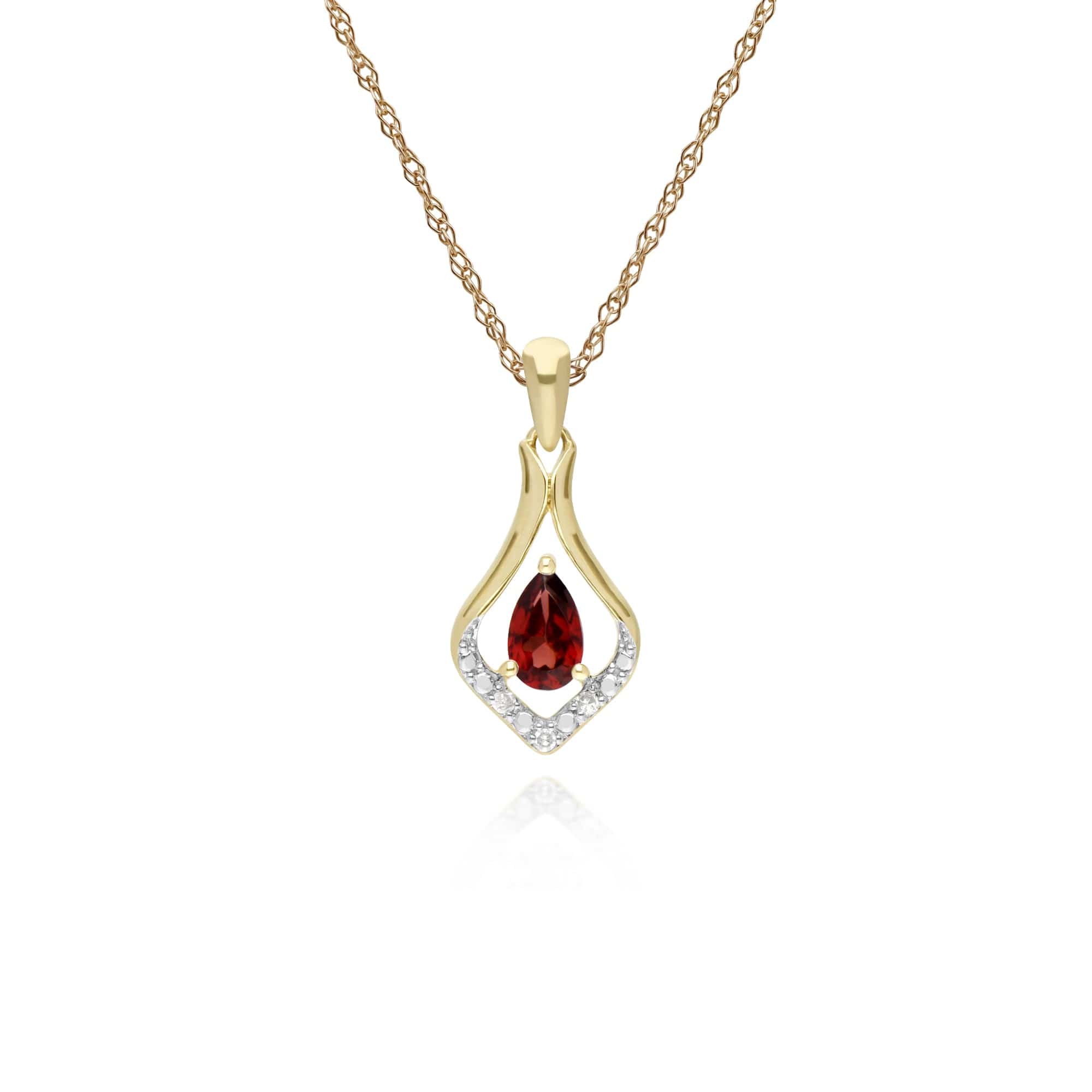 135P1915079 Classic Pear Garnet & Three Diamond Leaf Halo Pendant in 9ct Yellow Gold 1