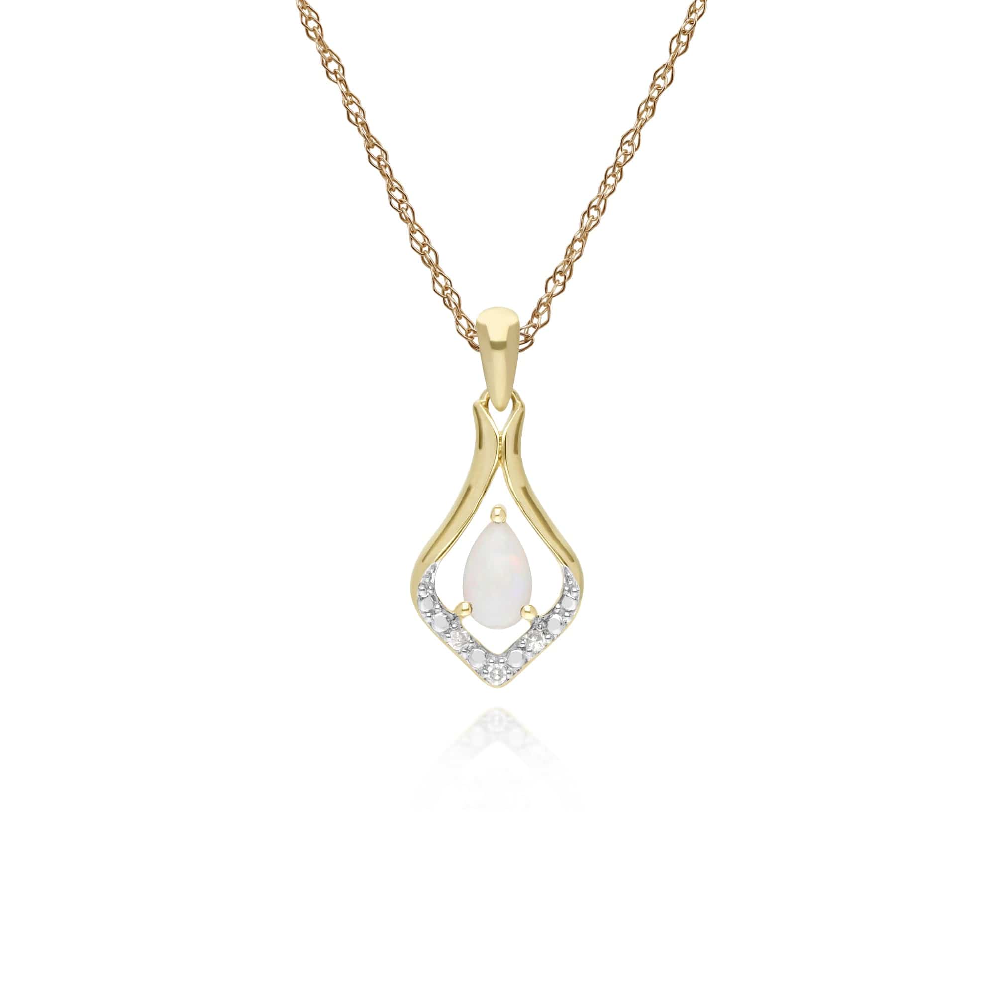 135P1915109 Classic Pear Opal & Three Diamond Leaf Halo Pendant in 9ct Yellow Gold 1