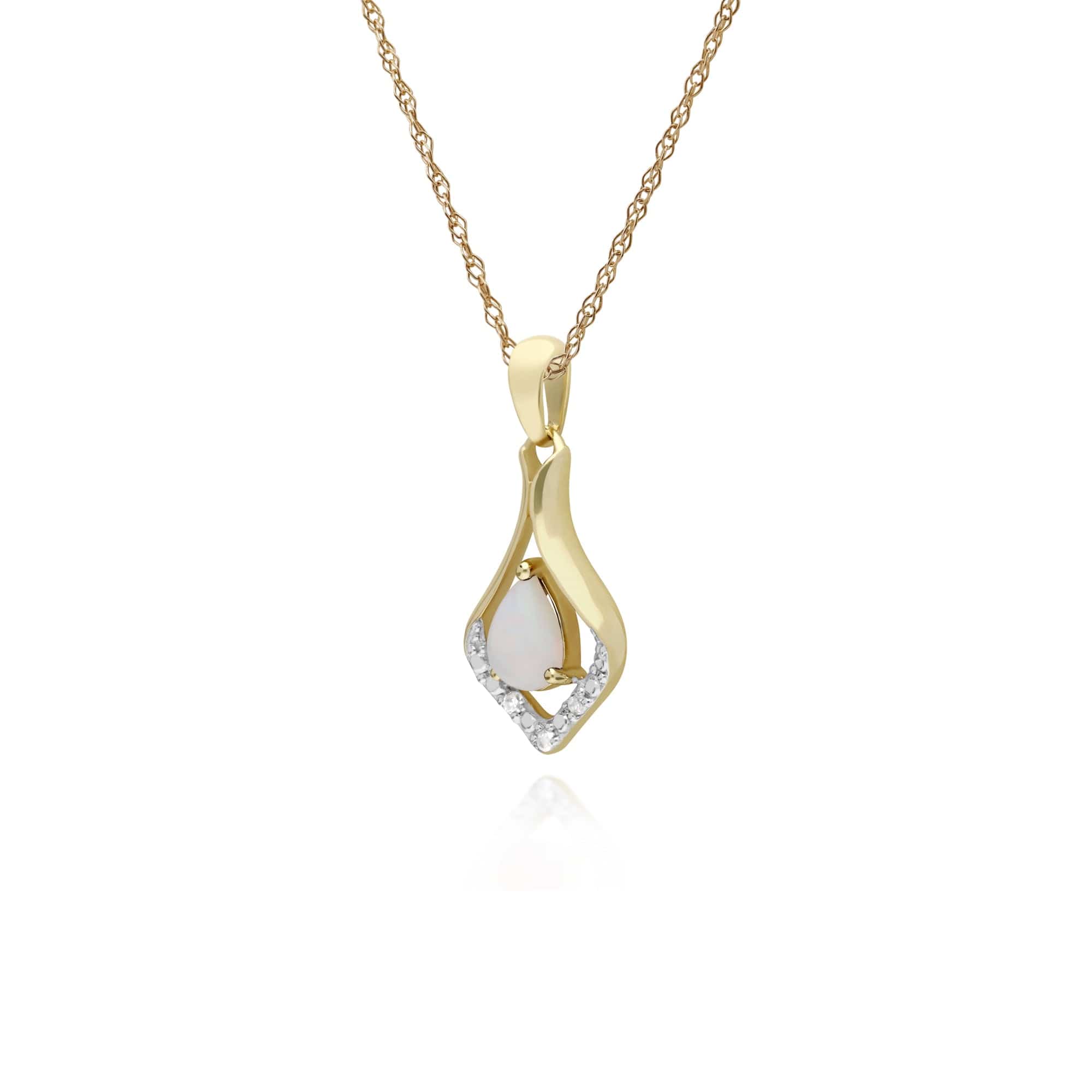 135P1915109 Classic Pear Opal & Three Diamond Leaf Halo Pendant in 9ct Yellow Gold 2