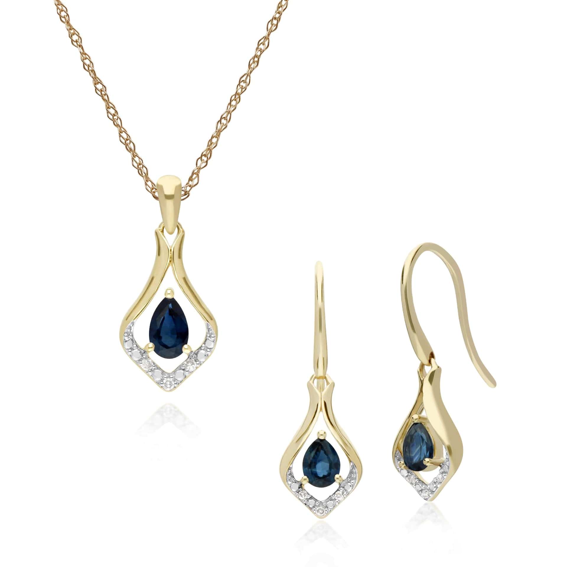 135E1577029-135P1915029 Classic Oval Sapphire & Diamond Leaf Drop Earrings & Pendant Set in 9ct Yellow Gold 1