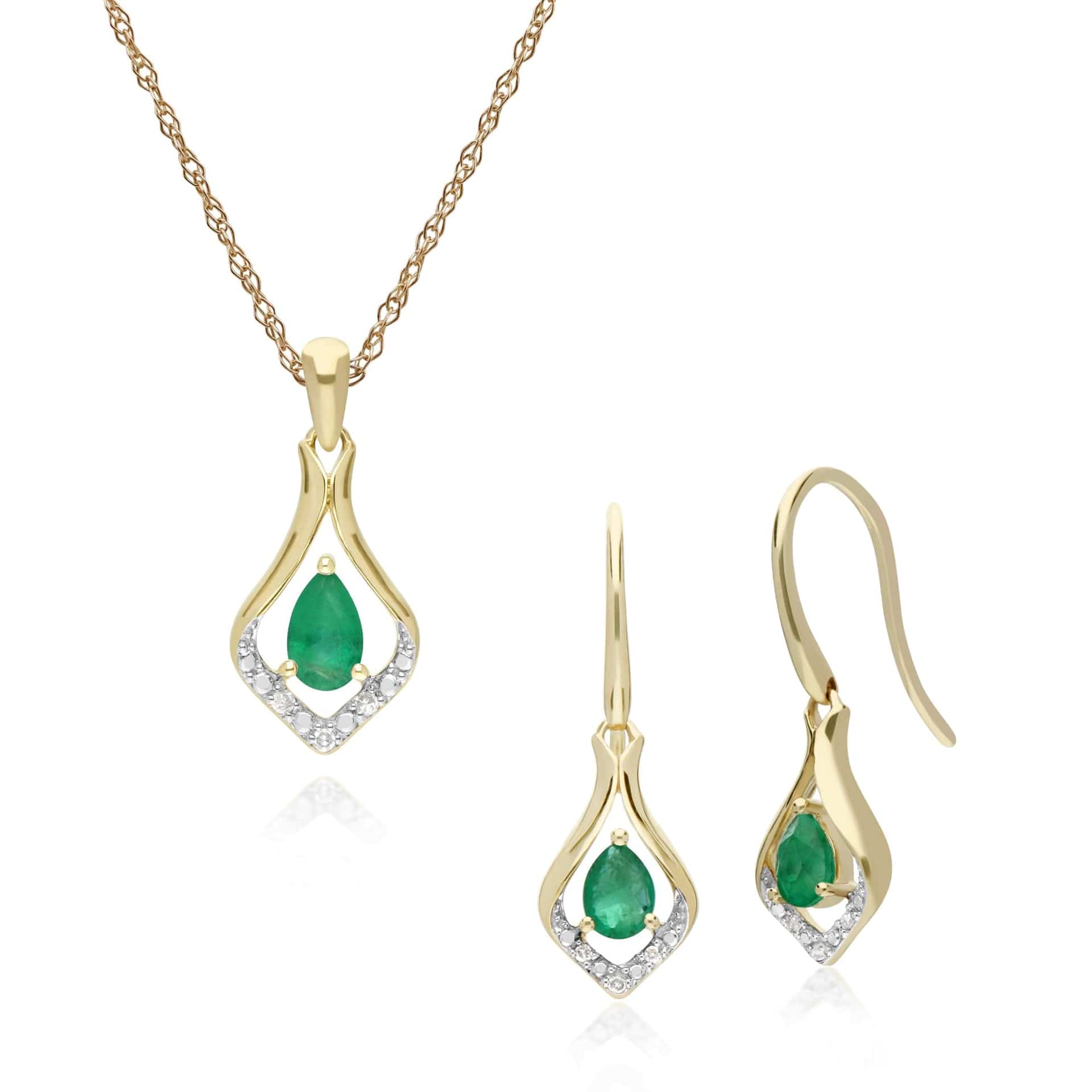 135E1577039-135P1915039 Classic Emerald & Diamond Leaf Drop Earrings & Pendant Set in 9ct Gold 1