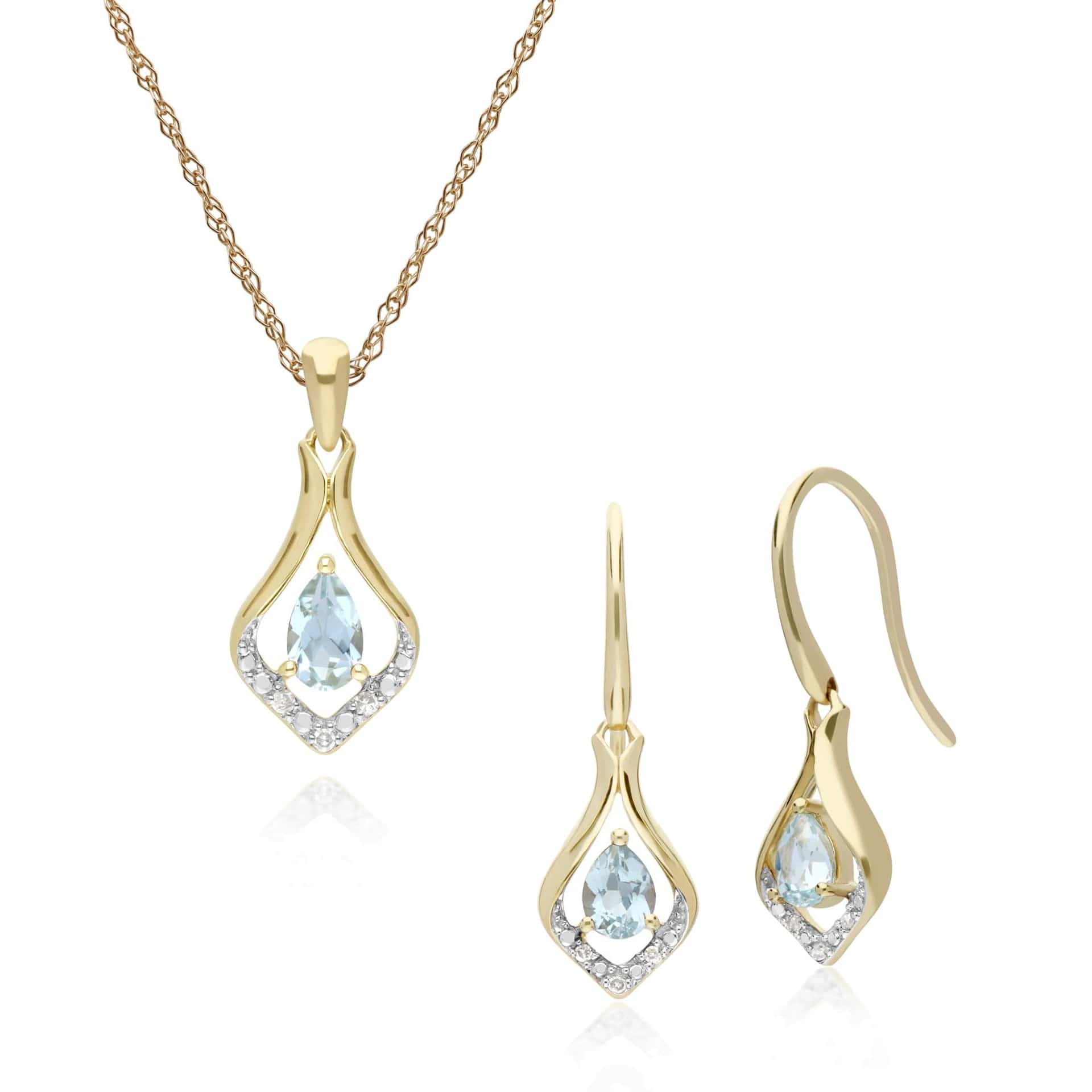 135E1577049-135P1915049 Classic Oval Aquamarine & Diamond Leaf Drop Earrings & Pendant Set in 9ct Yellow Gold 1