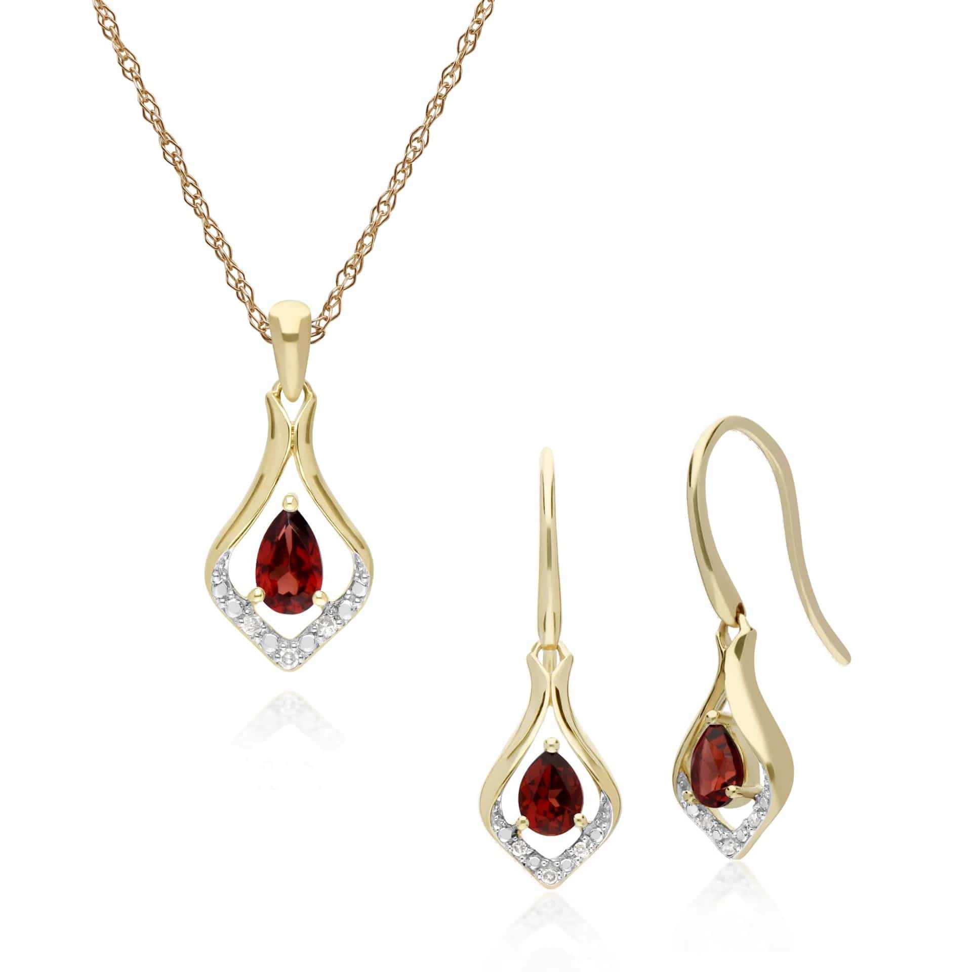 135E1577079-135P1915079 Classic Oval Garnet & Diamond Leaf Drop Earrings & Pendant Set in 9ct Yellow Gold 1