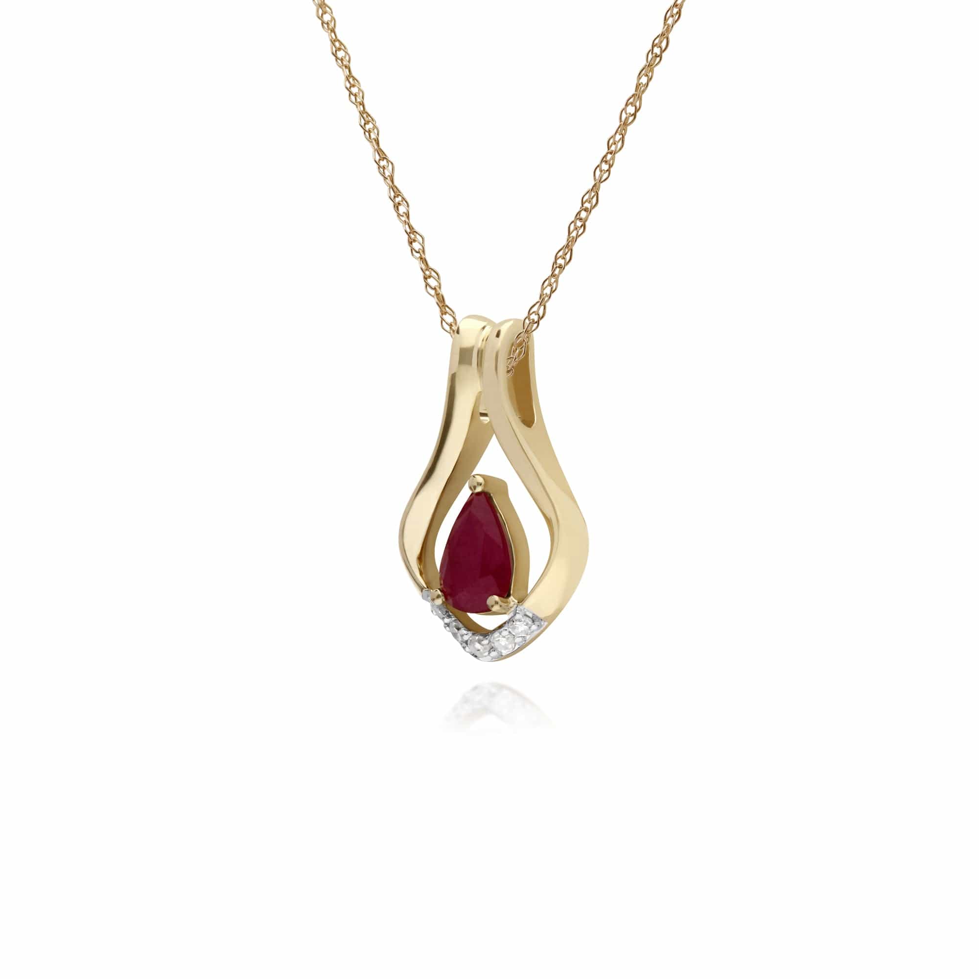 135P1916019 Classic Pear Ruby & Five Diamond Leaf Halo Pendant in 9ct Yellow Gold 2