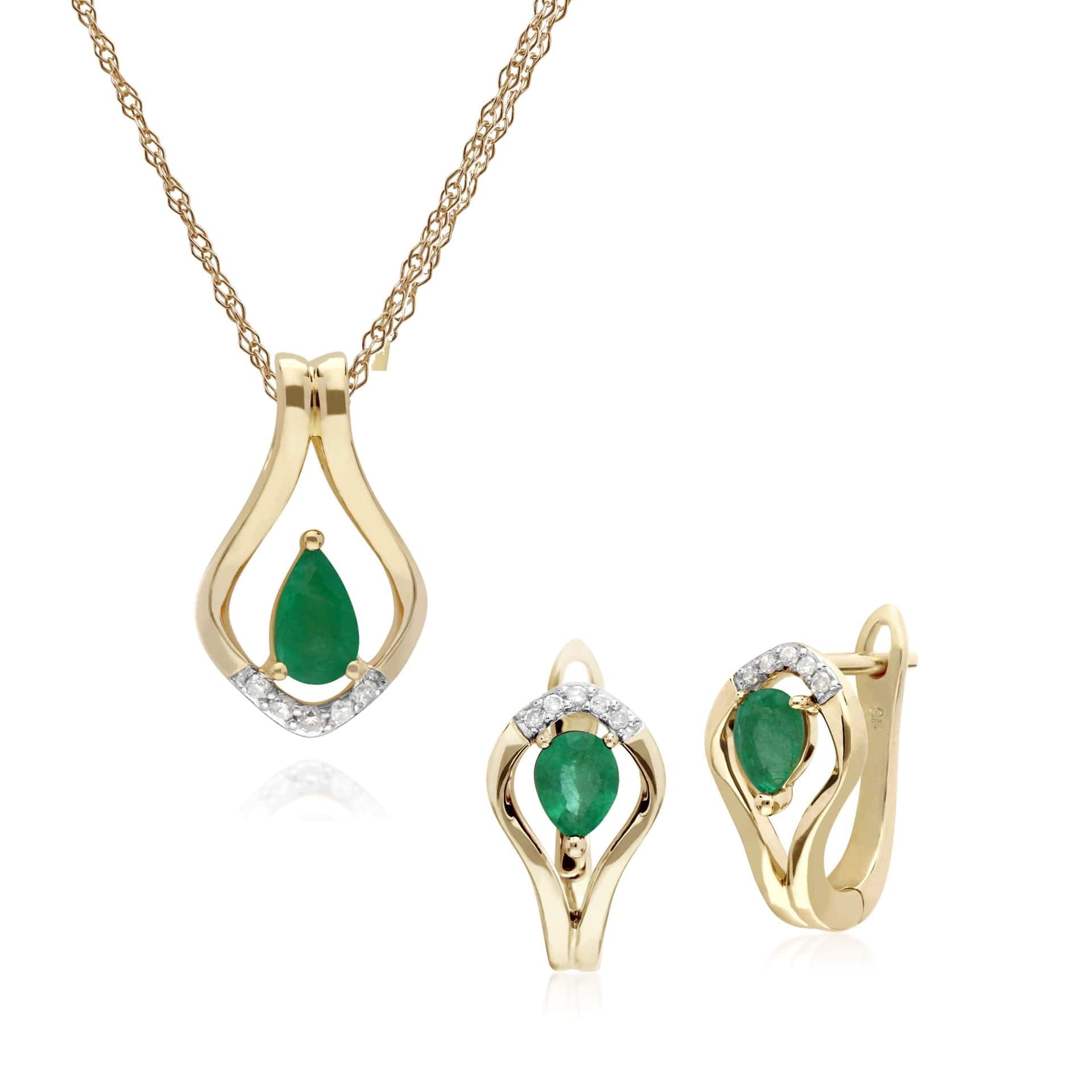 135E1578039-135P1916039 Classic Emerald & Diamond Leaf Lever back Earrings & Pendant Set in 9ct Gold 1