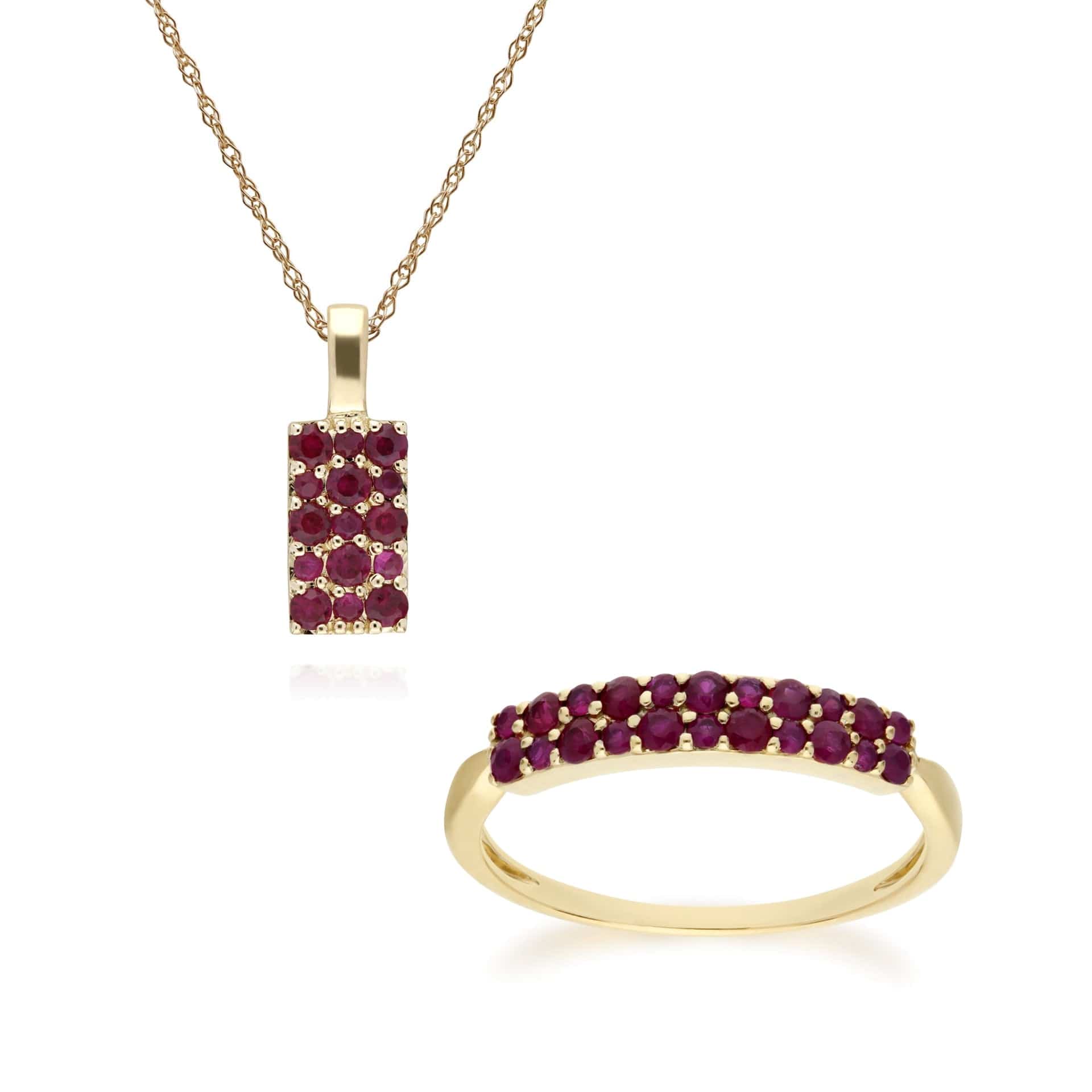 135P1919029-132R8081029 Classic Round Ruby Cluster Panel Ring & Pendant Set in 9ct Yellow Gold 1