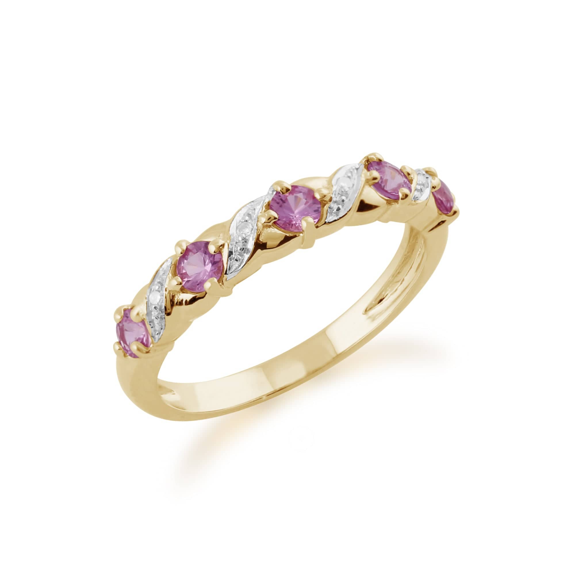 9597 Classic Art Nouveau Round Pink Sapphire & Diamond Half Eternity Ring In 9ct Yellow Gold 3
