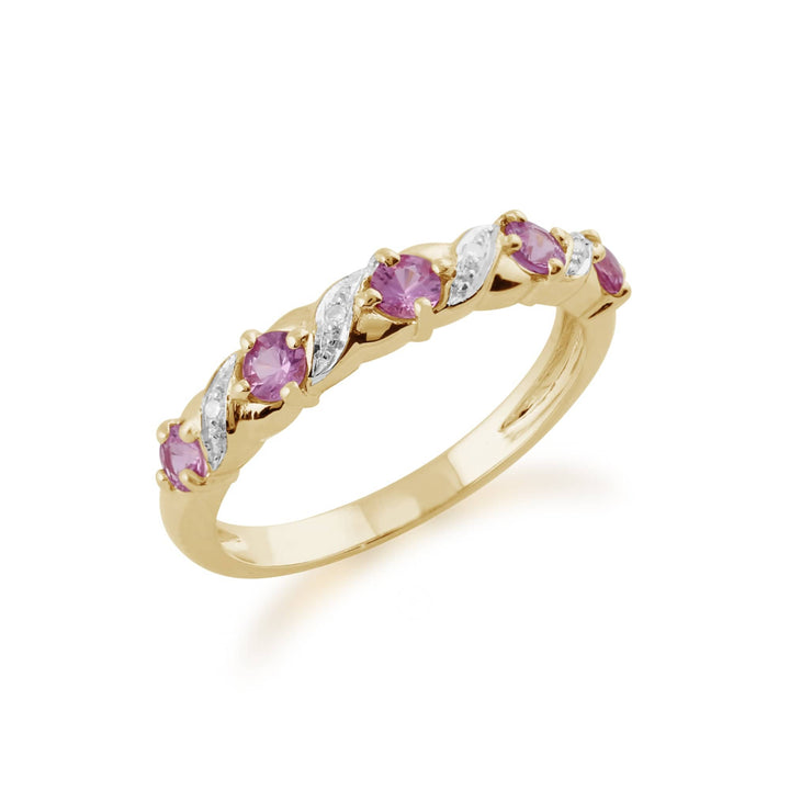 9597 Classic Art Nouveau Round Pink Sapphire & Diamond Half Eternity Ring In 9ct Yellow Gold 3