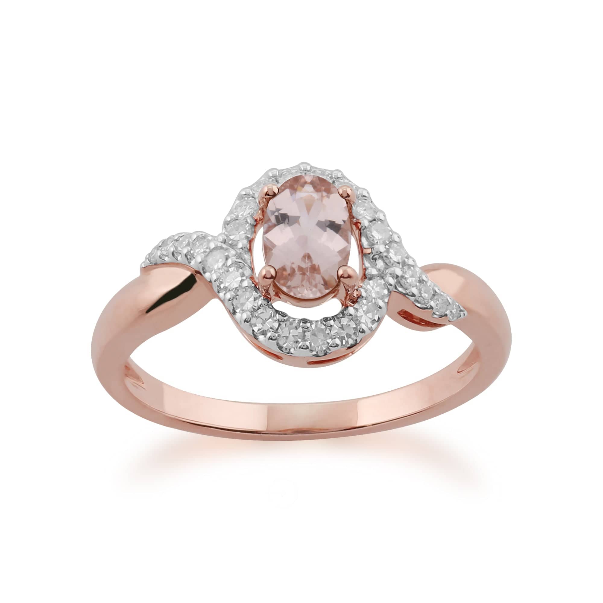 135R1588019 Classic Morganite & Diamond Twist Halo Ring in 9ct Rose Gold 1
