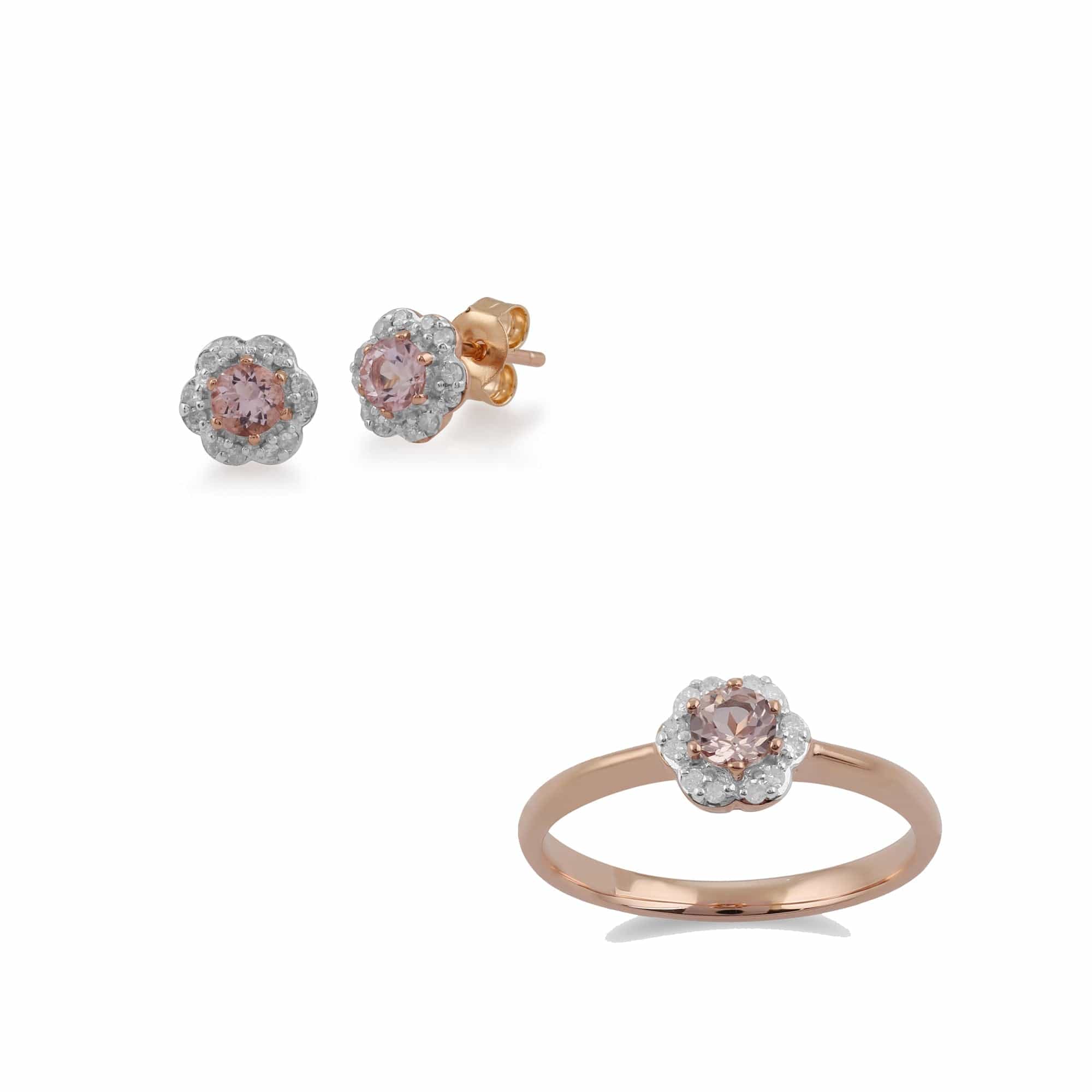 135E1305019-135R1427019 Floral Round Morganite & Diamond 9ct Rose Gold Earring & Ring Set 1