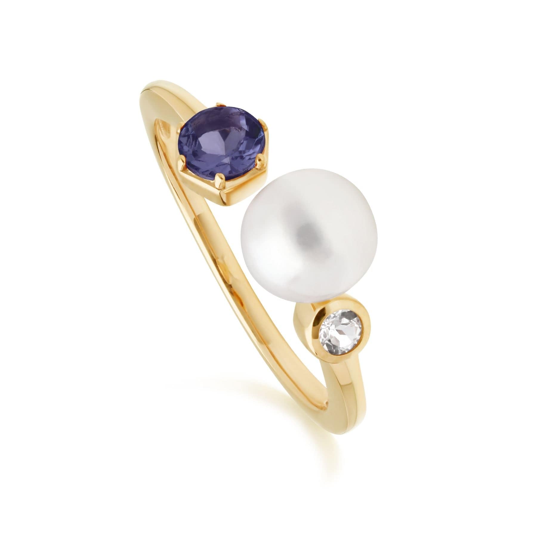270R058608925 Modern Pearl, Tanzanite & Topaz Open Ring in Gold Plated Silver 1
