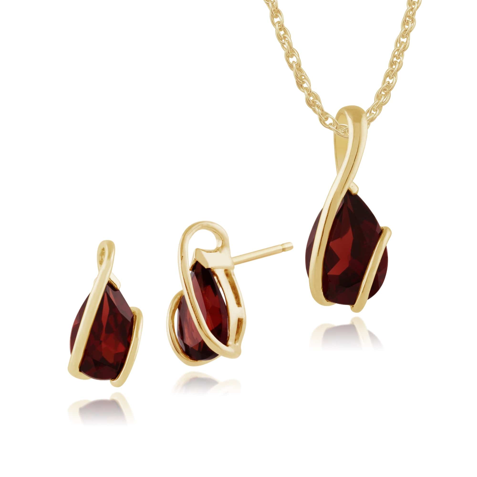 26926-27049 Classic Pear Garnet Wrap over Stud Earrings & Pendant Set in 9ct Yellow Gold 1