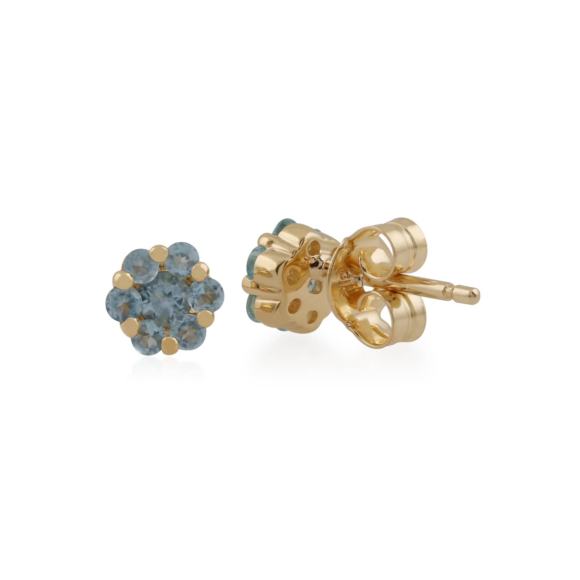 145E0114019 Floral Round Blue Topaz Cluster Stud Earrings in 9ct Yellow Gold 2