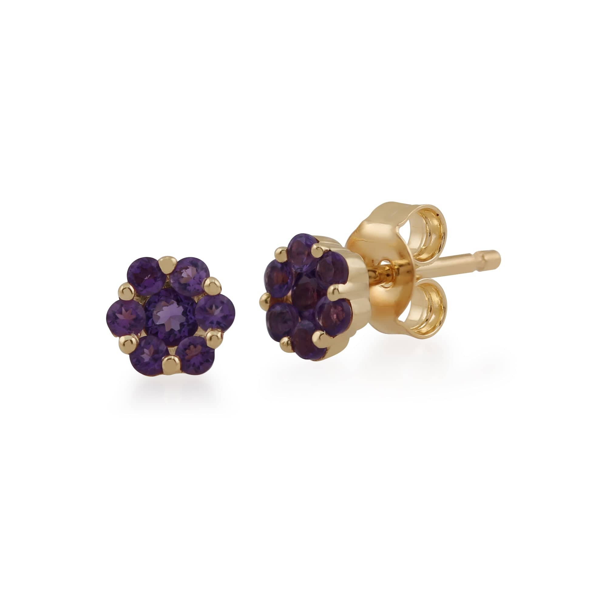 Floral Round Amethyst Cluster Stud Earrings in 9ct Yellow Gold - Gemondo