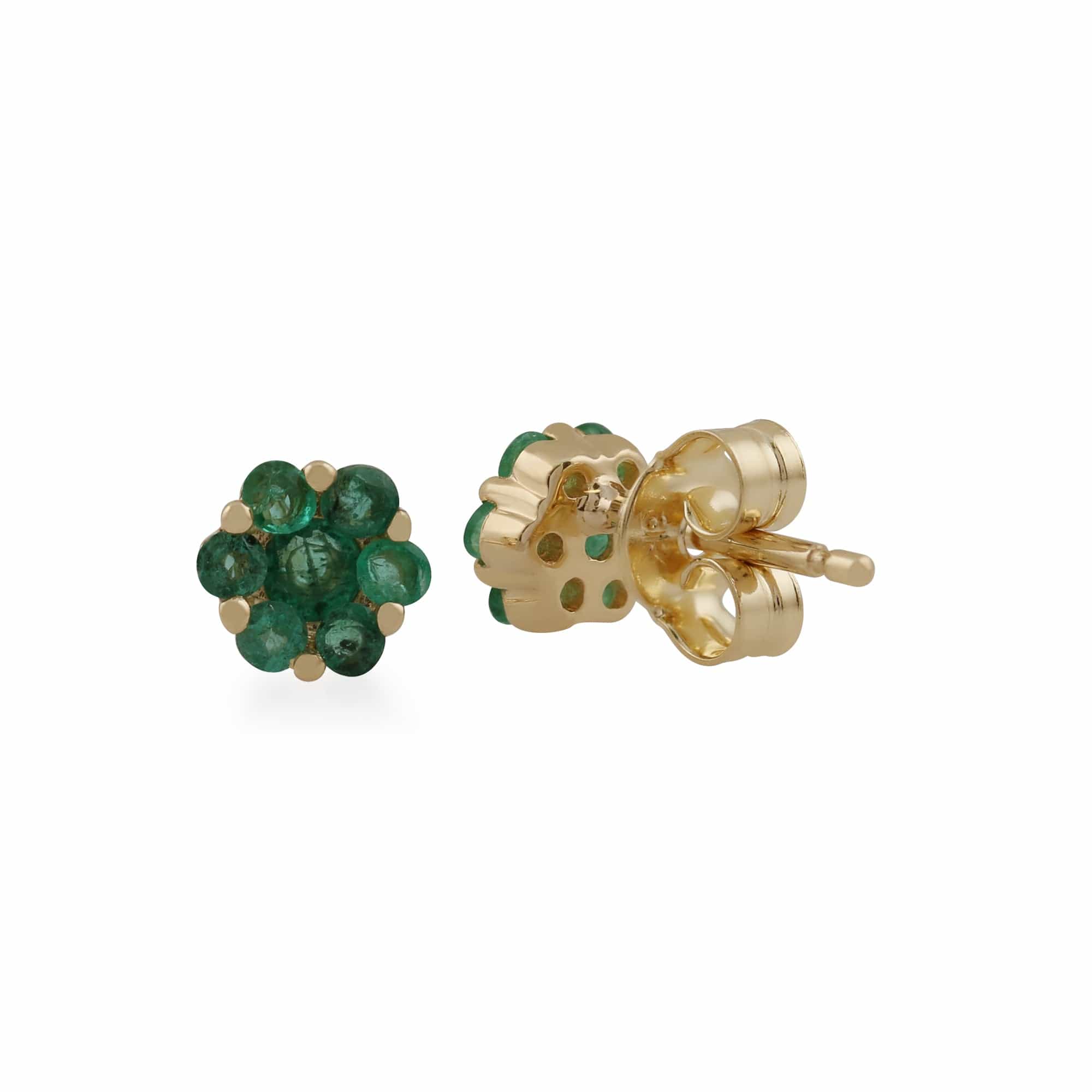 145E0114129 Floral Round Emerald Cluster Stud Earrings in 9ct Yellow Gold 2