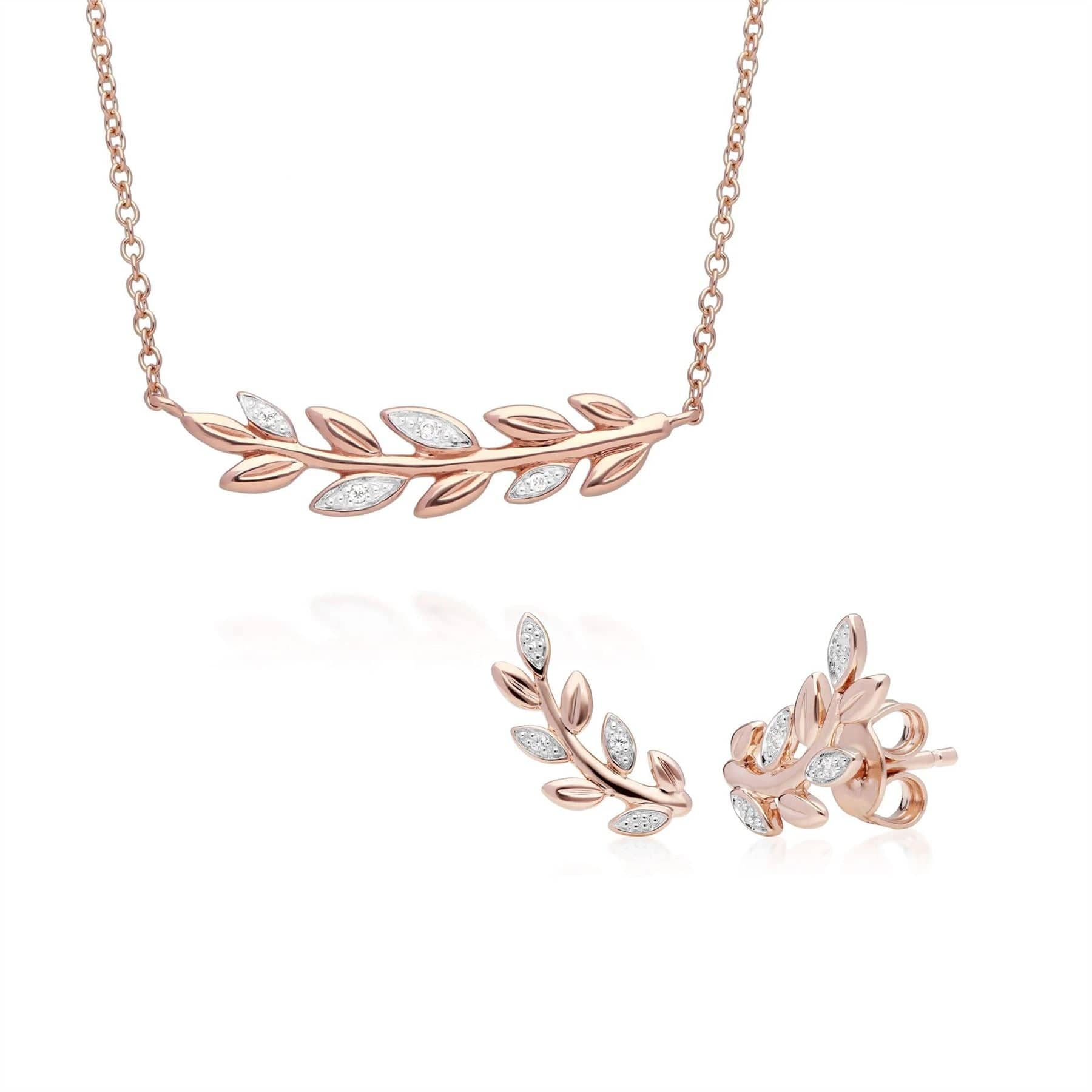 191N0231019-191E0390029 O Leaf Diamond Necklace & Stud Stud Earring Set in 9ct Rose Gold 1