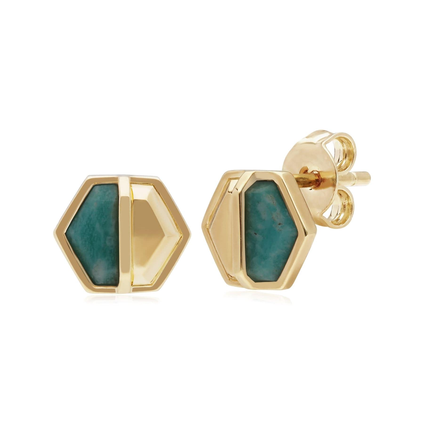 270E027505925 Micro Statement Amazonite Hexagon Stud Earrings in Gold Plated Silver 1