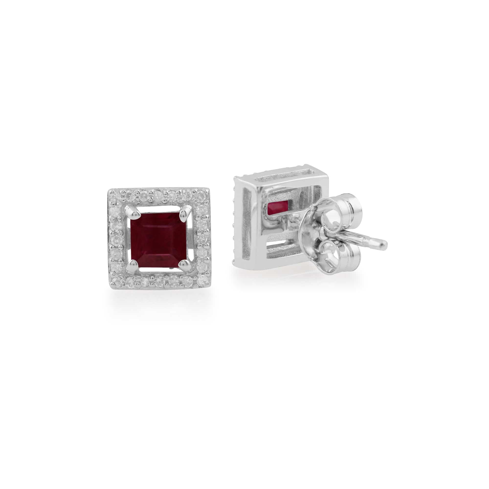 162E0105029 Square Ruby & Diamond Cluster Luxe Stud Earrings In 9ct White Gold 3