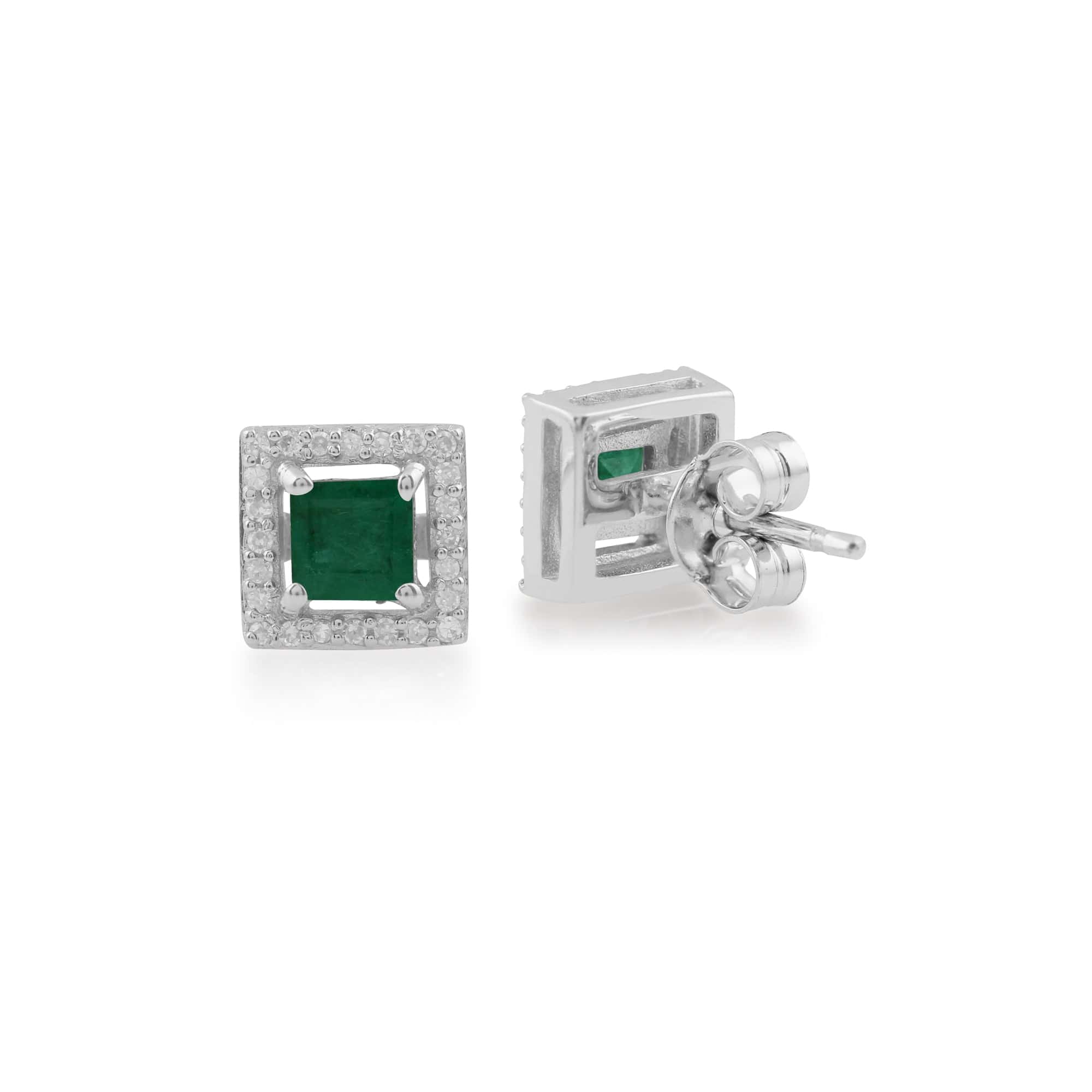 162E0105039 Square Emerald & Diamond Cluster Luxe Stud Earrings In 9ct White Gold 2