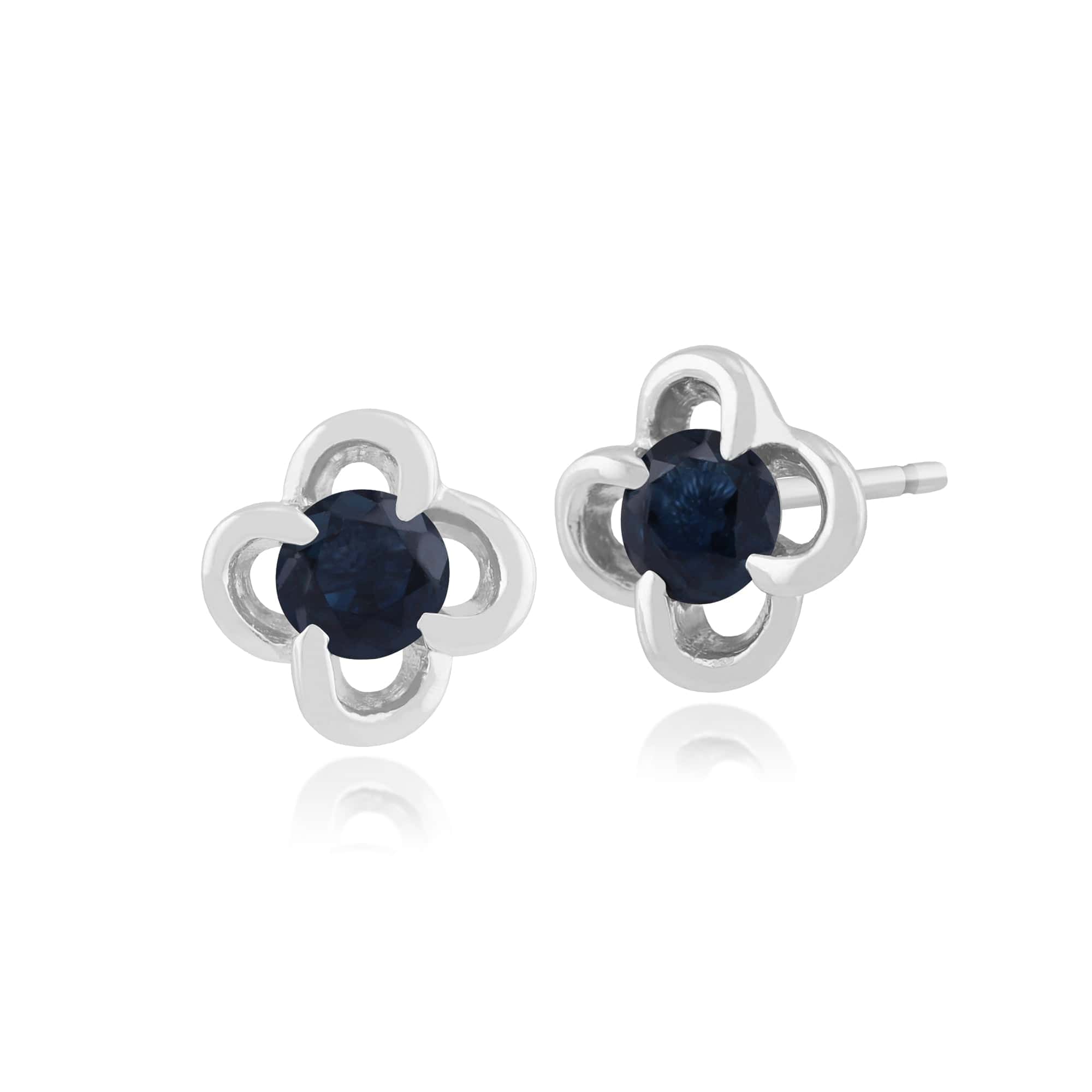 Floral Round Sapphire Halo Stud Earrings in 9ct White Gold
