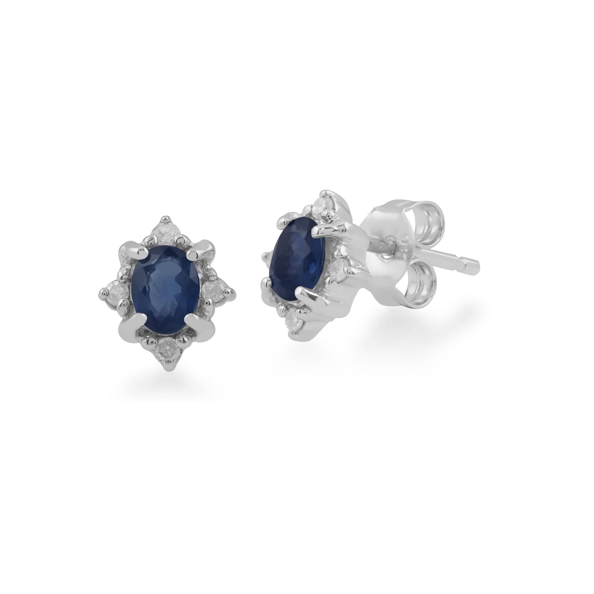 Classic Oval Sapphire & Diamond Cluster Stud Earrings in 9ct White Gold - Gemondo