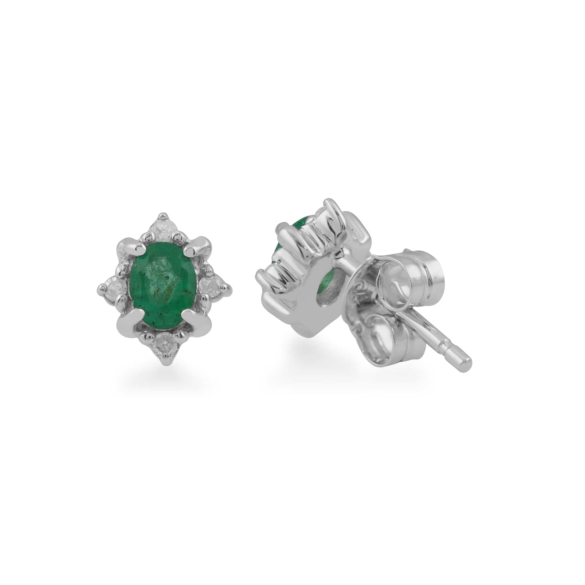 162E0177029 Classic Oval Emerald & Diamond Cluster Stud Earrings in 9ct White Gold 2
