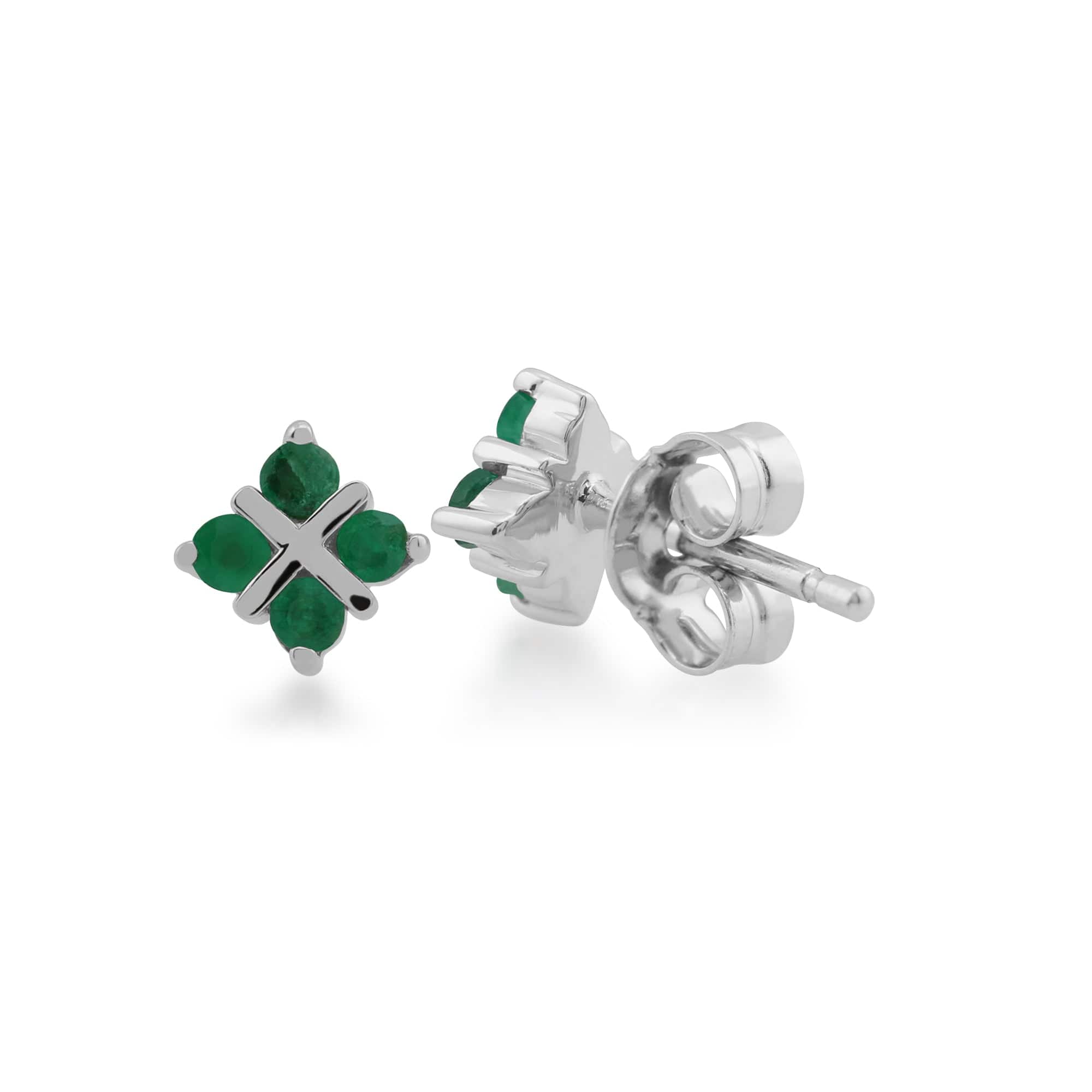 162E0202039 Floral Round Emerald Clover Kiss Stud Earrings in 9ct White Gold 2