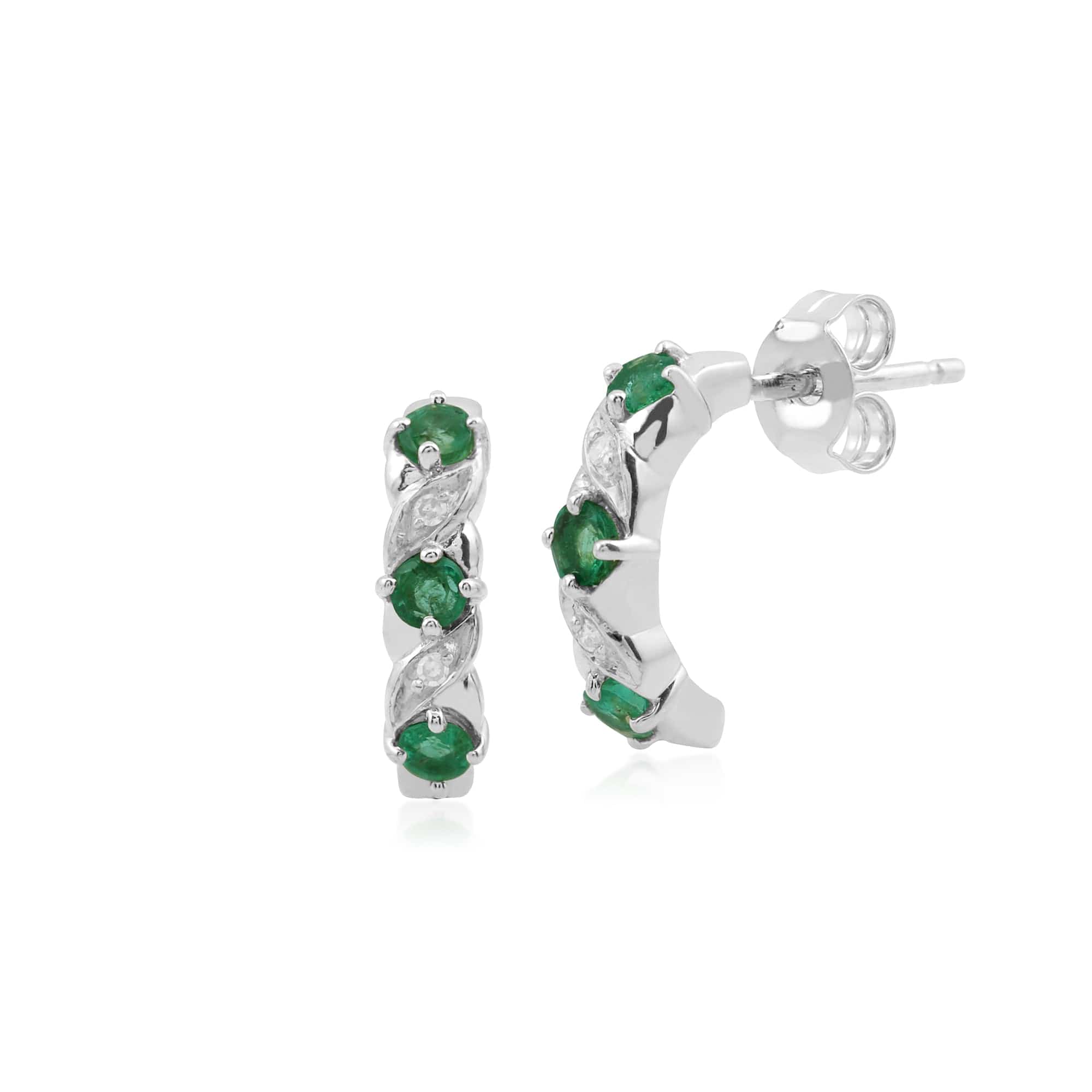 Classic Round Emerald & Diamond Half Hoop Earrings & Half Eternity Ring Set in 9ct White Gold - Gemondo