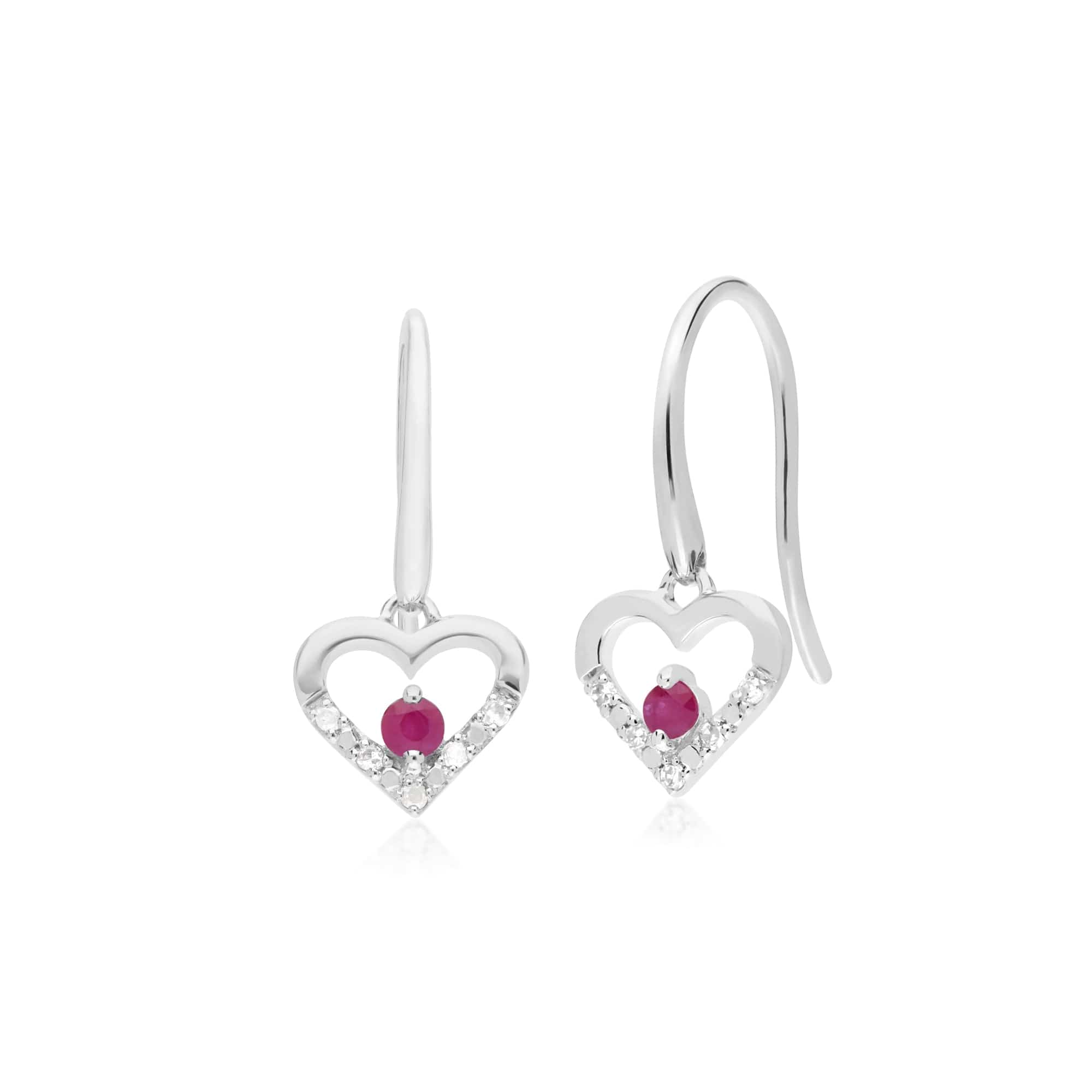 162E0258019 Classic Round Ruby & Diamond Love Heart Shaped Drop Earrings in 9ct White Gold 1