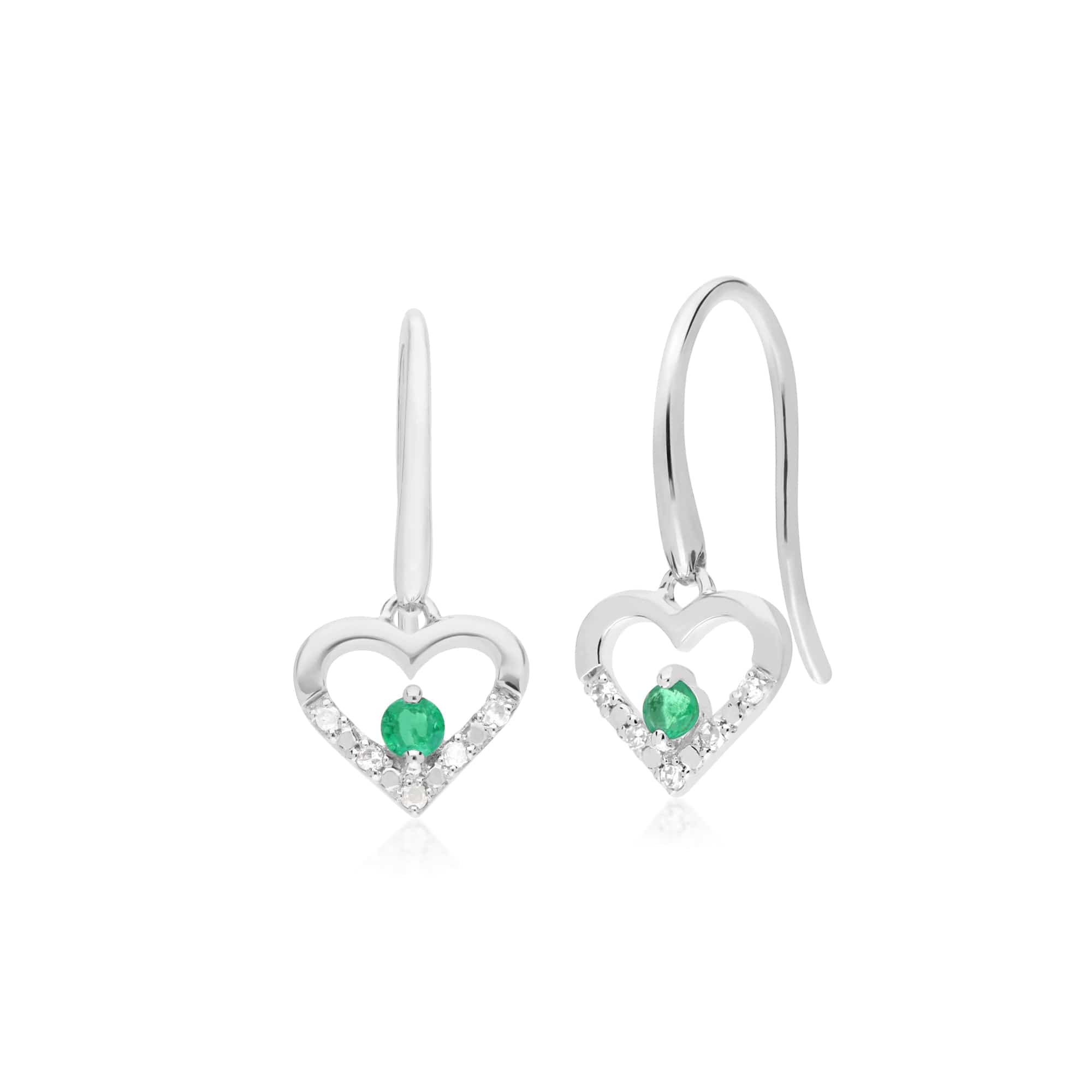 162E0258039 Classic Round Emerald & Diamond Love Heart Shaped Drop Earrings in 9ct White Gold 1