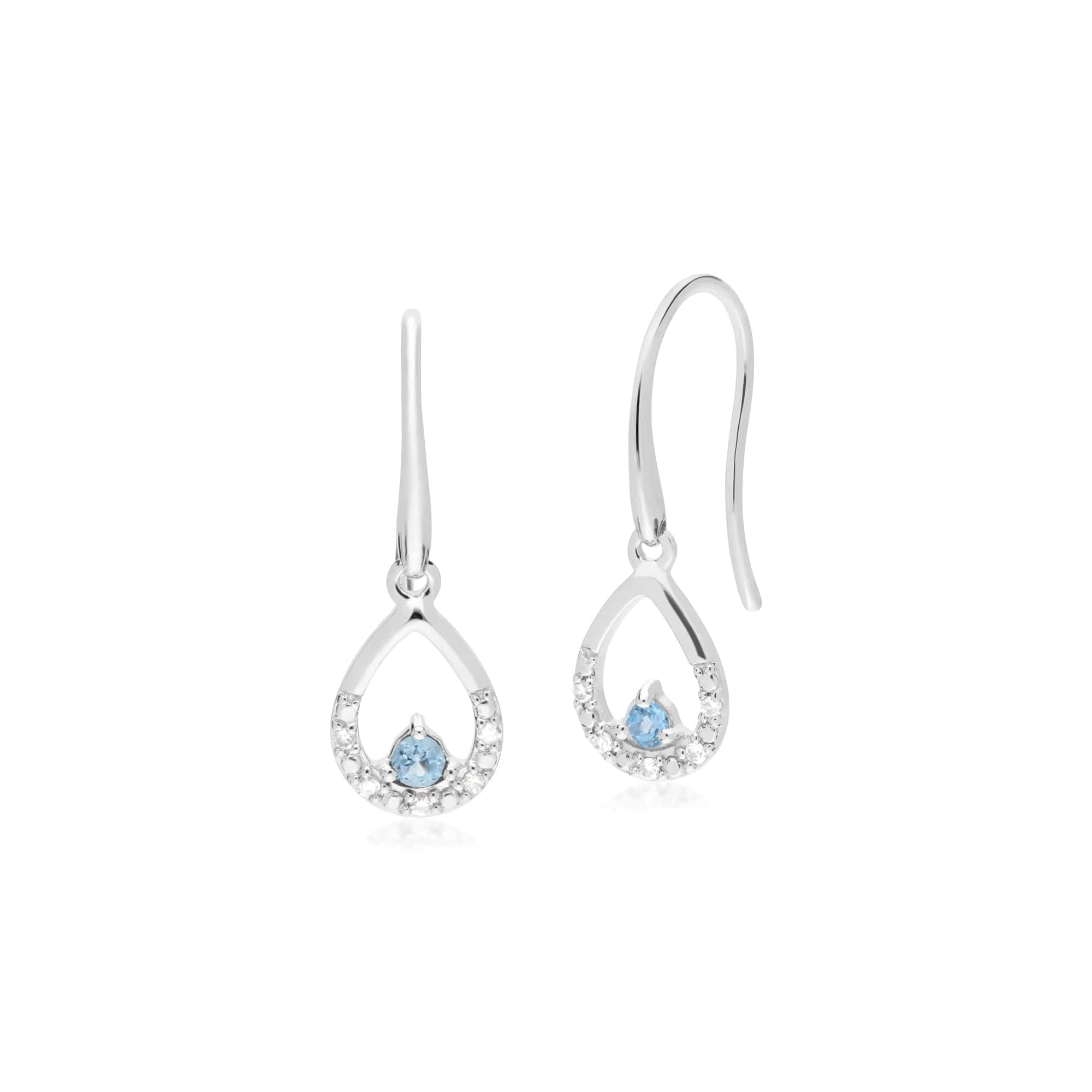 162E0259069 Classic Round Blue Topaz & Diamond Tear Drop Earrings in 9ct White Gold 1