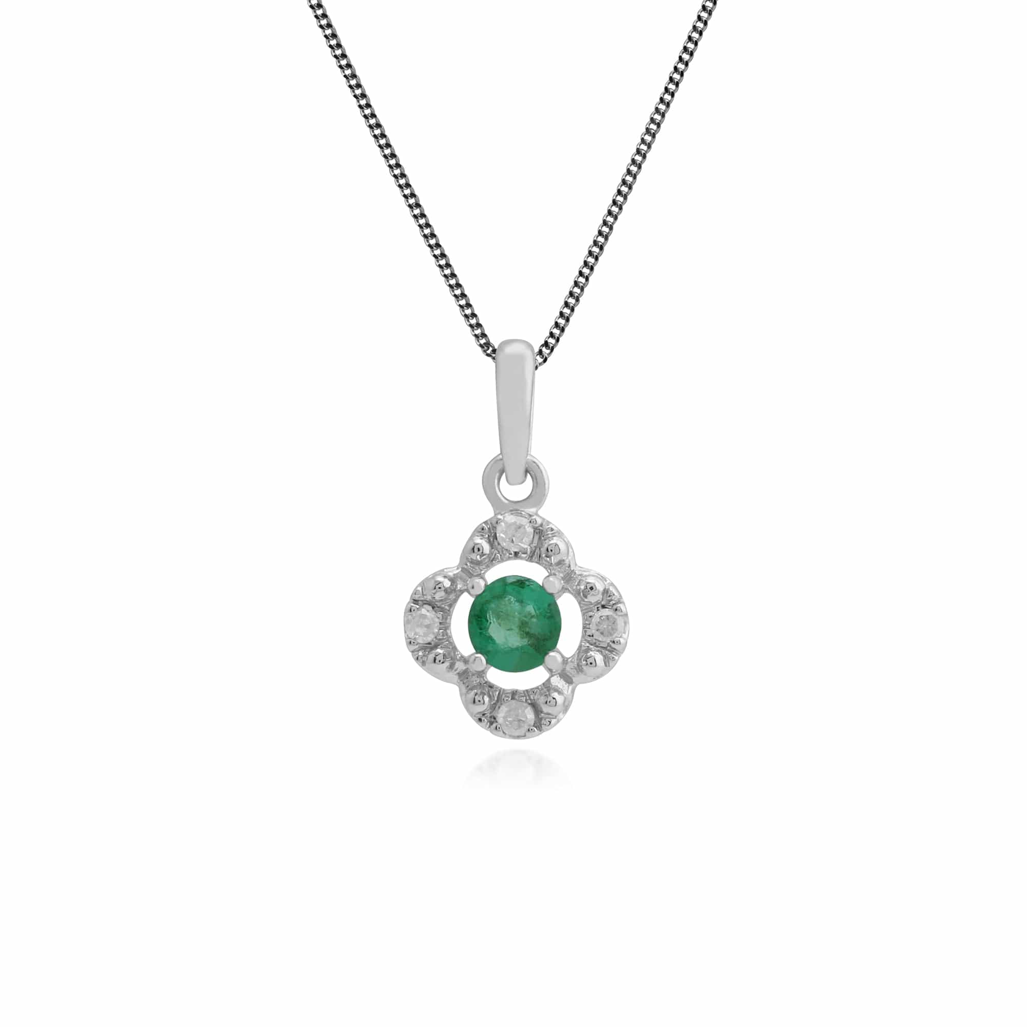 Gemondo 9ct White Gold 0.12ct Emerald & Diamond Floral Pendant on 45cm Chain Image