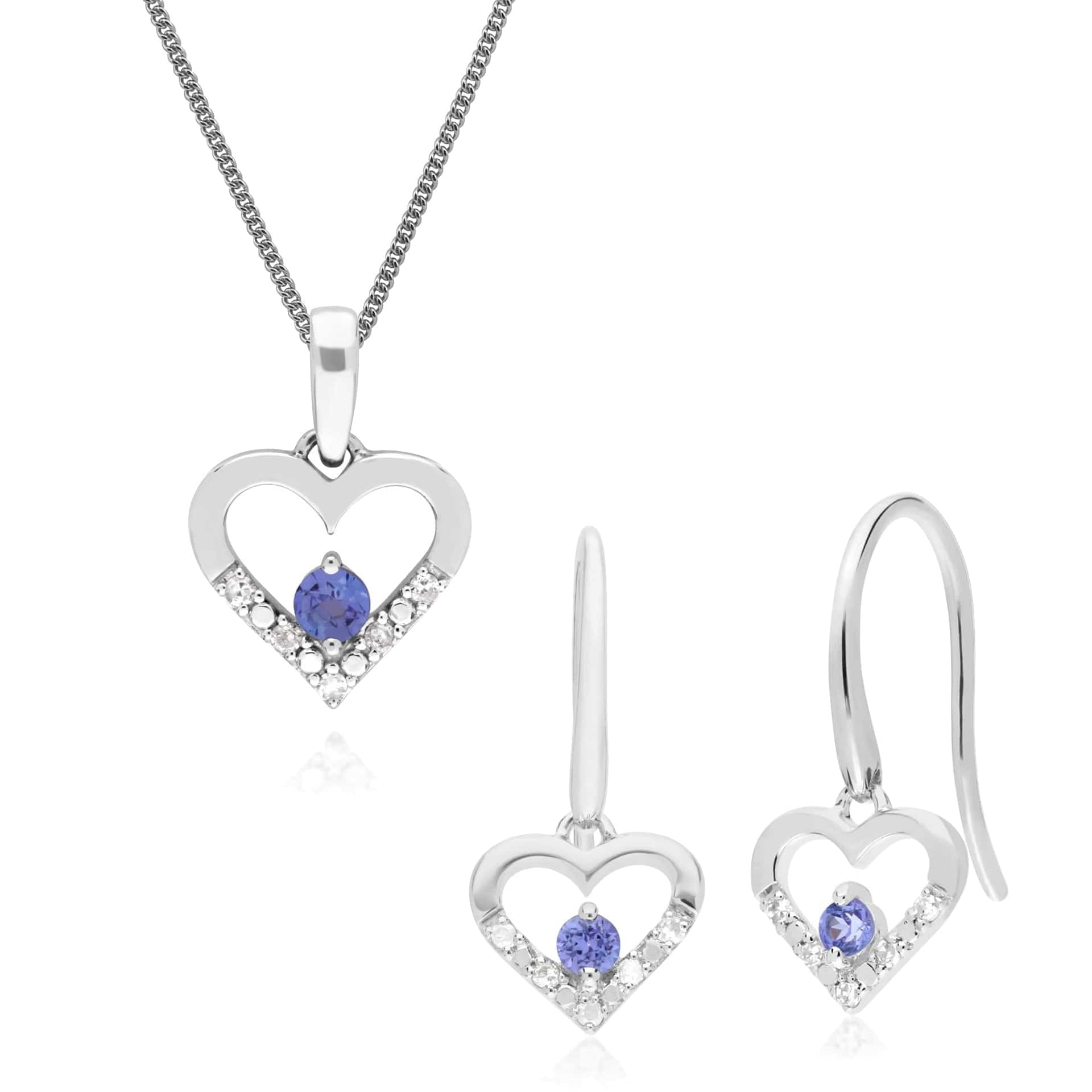 162E0258099-162P0219099 Classic Round Tanzanite & Diamond Heart Drop Earrings & Pendant Set in 9ct White Gold 1