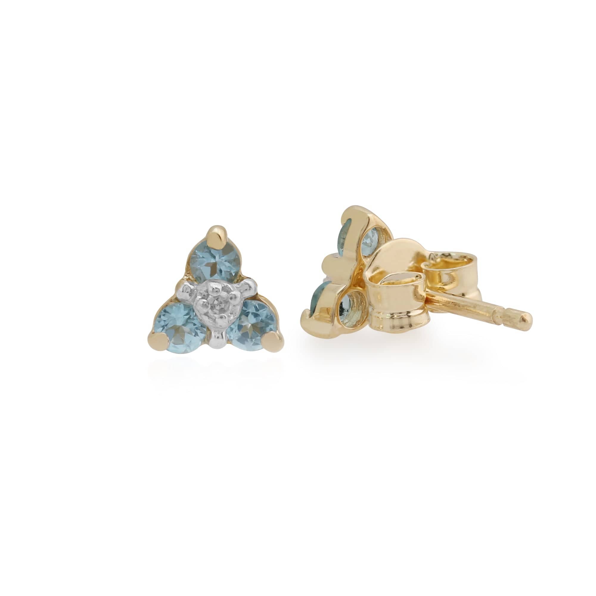 Classic Round Blue Topaz & Diamond Cluster Stud Earrings in 9ct Yellow Gold - Gemondo