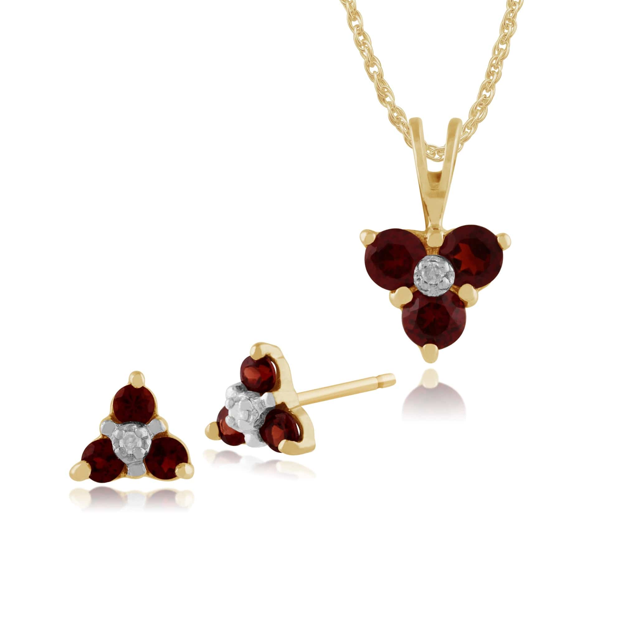 26932-27053 Floral Round Garnet & Diamond Flower Stud Earrings & Pendant Set in 9ct Yellow Gold 1