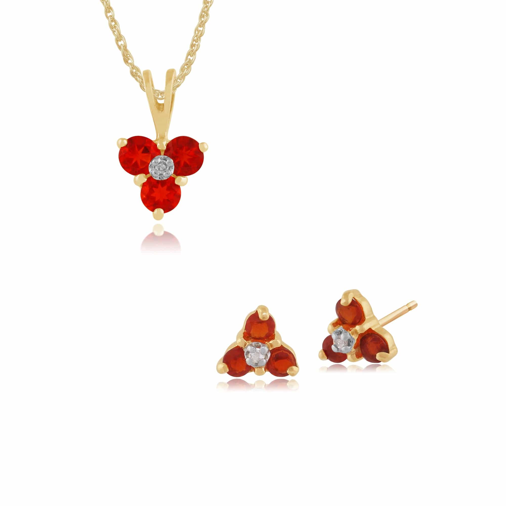 181E0018329-181P0014299 Floral Round Fire Opal & Diamond Flower Stud Earrings & Pendant Set in 9ct Yellow Gold 1
