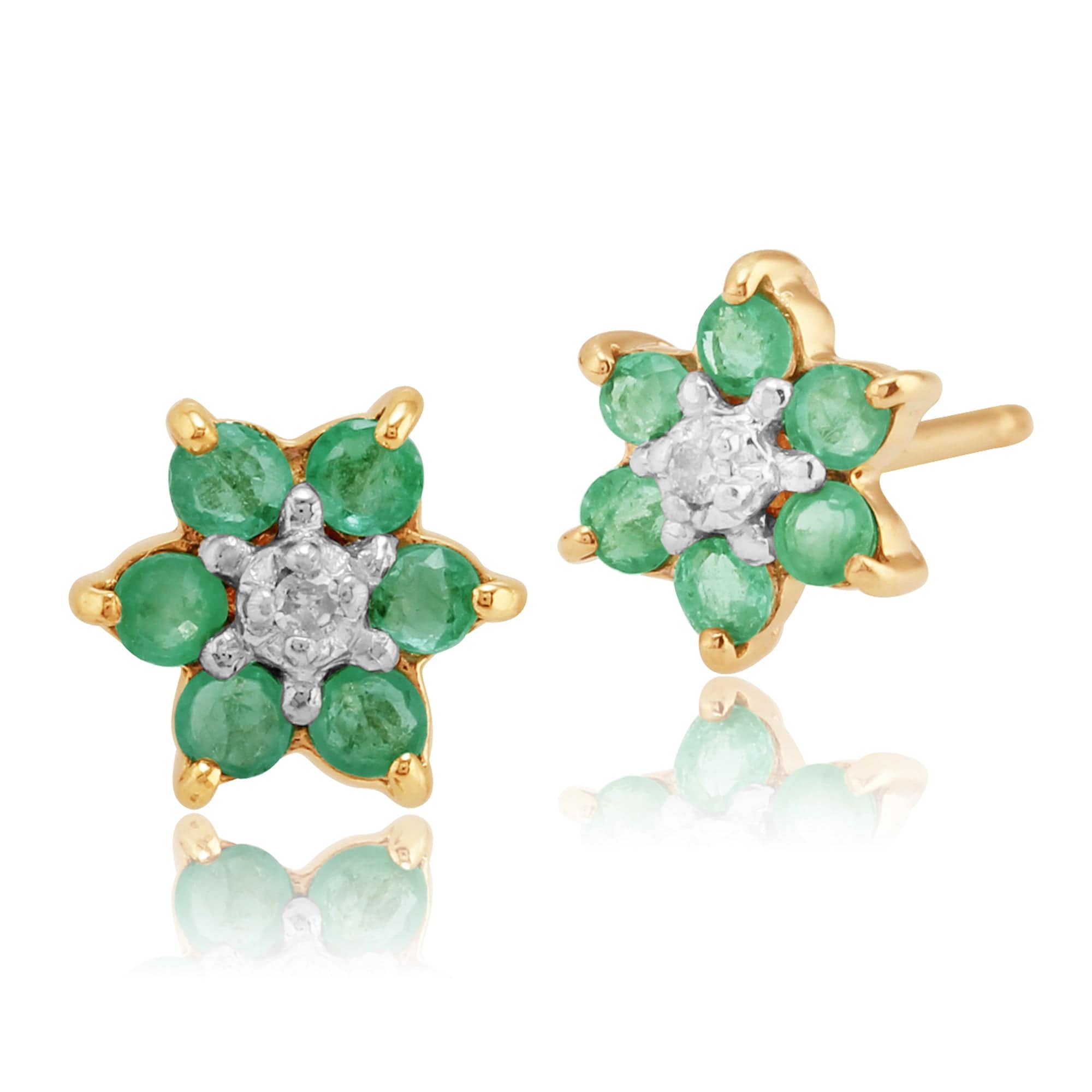 Floral Round Emerald & Diamond Cluster Stud Earrings in 9ct Yellow Gold