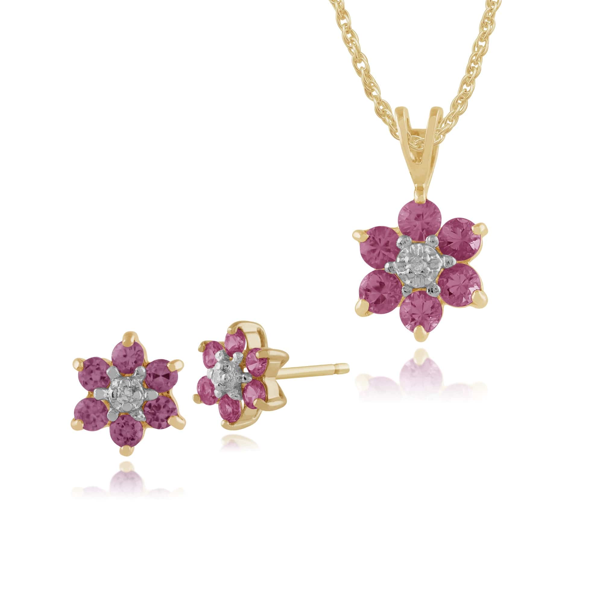 181E0019329-10516 Floral Round Pink Sapphire & Diamond Flower Cluster Stud Earrings & Pendant Set in 9ct Yellow Gold 1