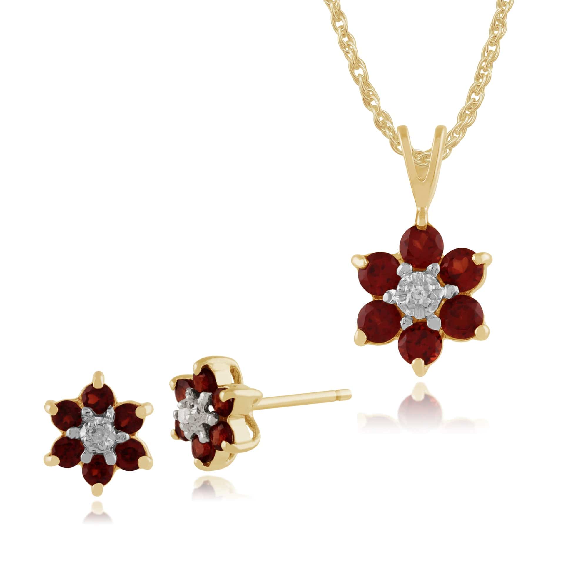 181E0019339-181P0016449 Floral Round Garnet & Diamond Flower Cluster Stud Earrings & Pendant Set in 9ct Yellow Gold 1