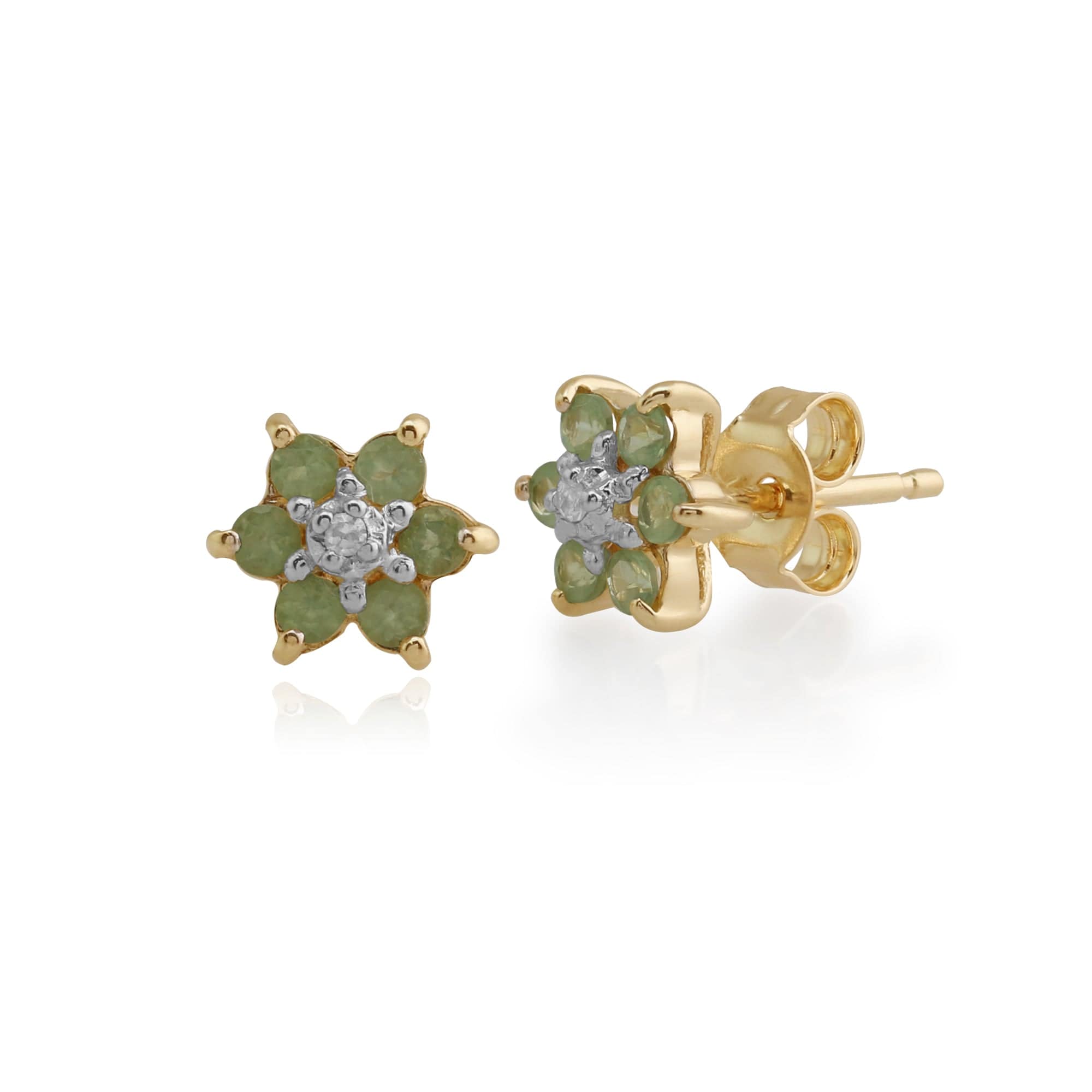 Floral Round Peridot & Diamond Cluster Stud Earrings in 9ct Yellow Gold - Gemondo