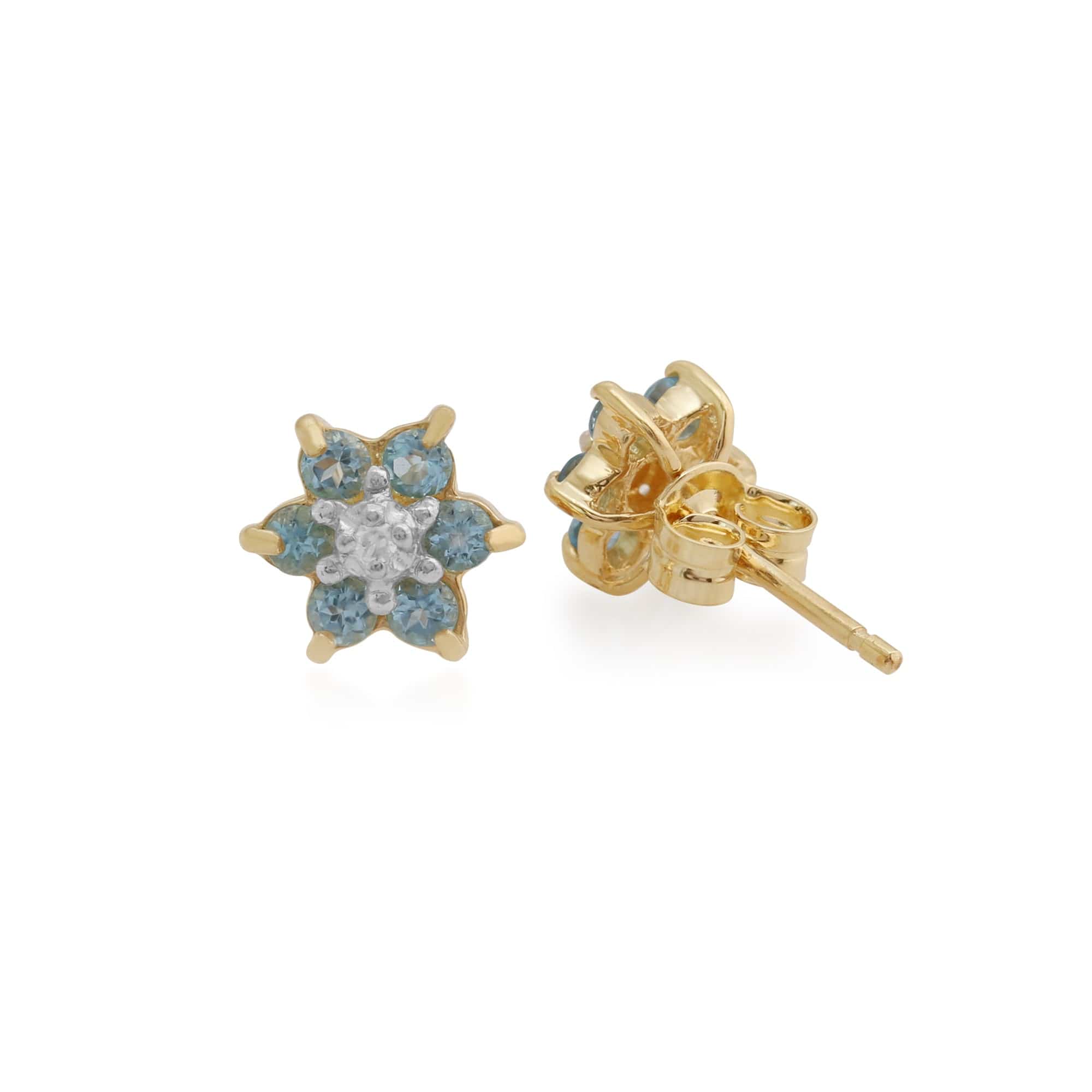 181E0019389 Floral Round Blue Topaz & Diamond Cluster Stud Earrings in 9ct Yellow Gold 2