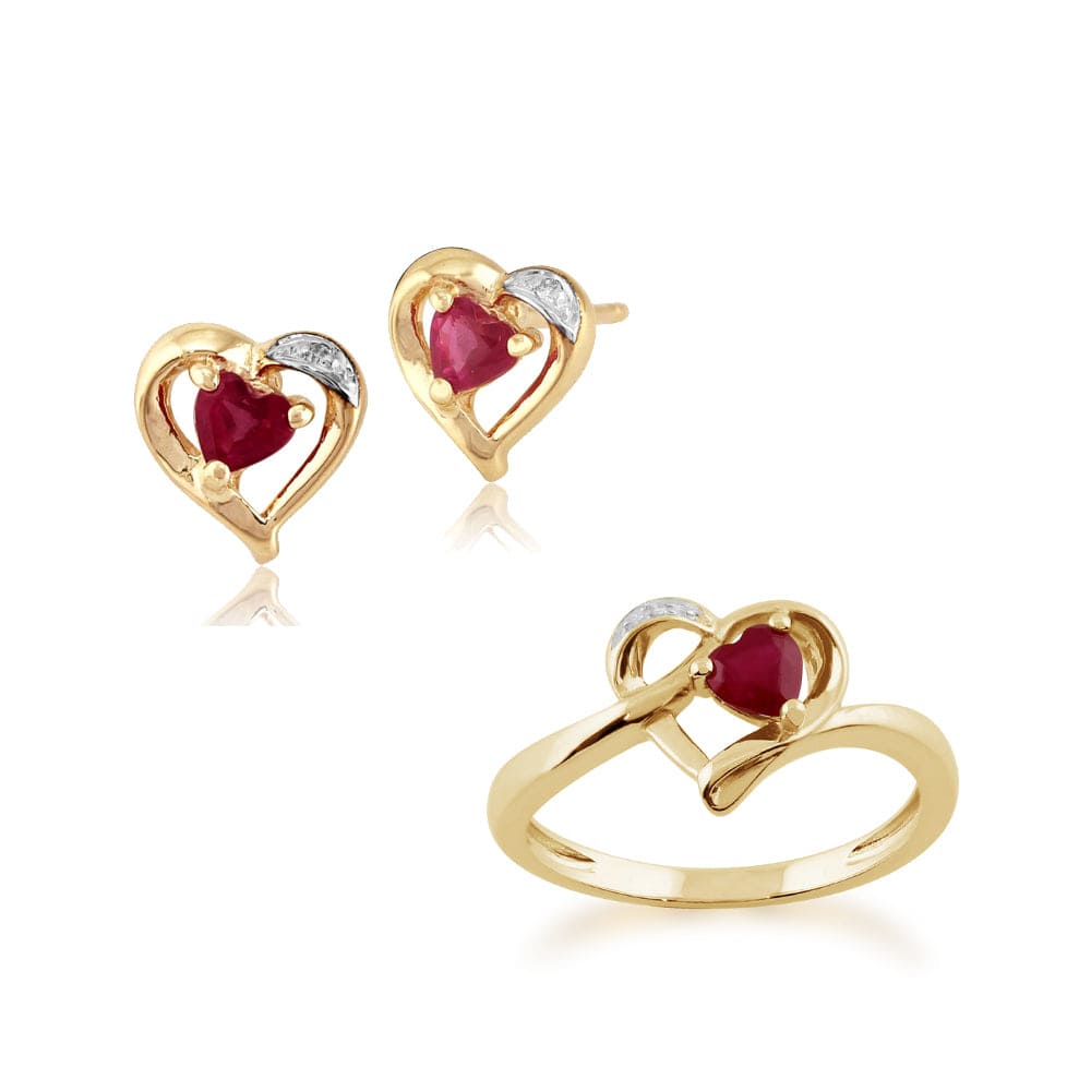 10295-181R4010099 Classic Round Ruby & Diamond Heart Stud Earrings & Ring Set in 9ct Yellow Gold 1