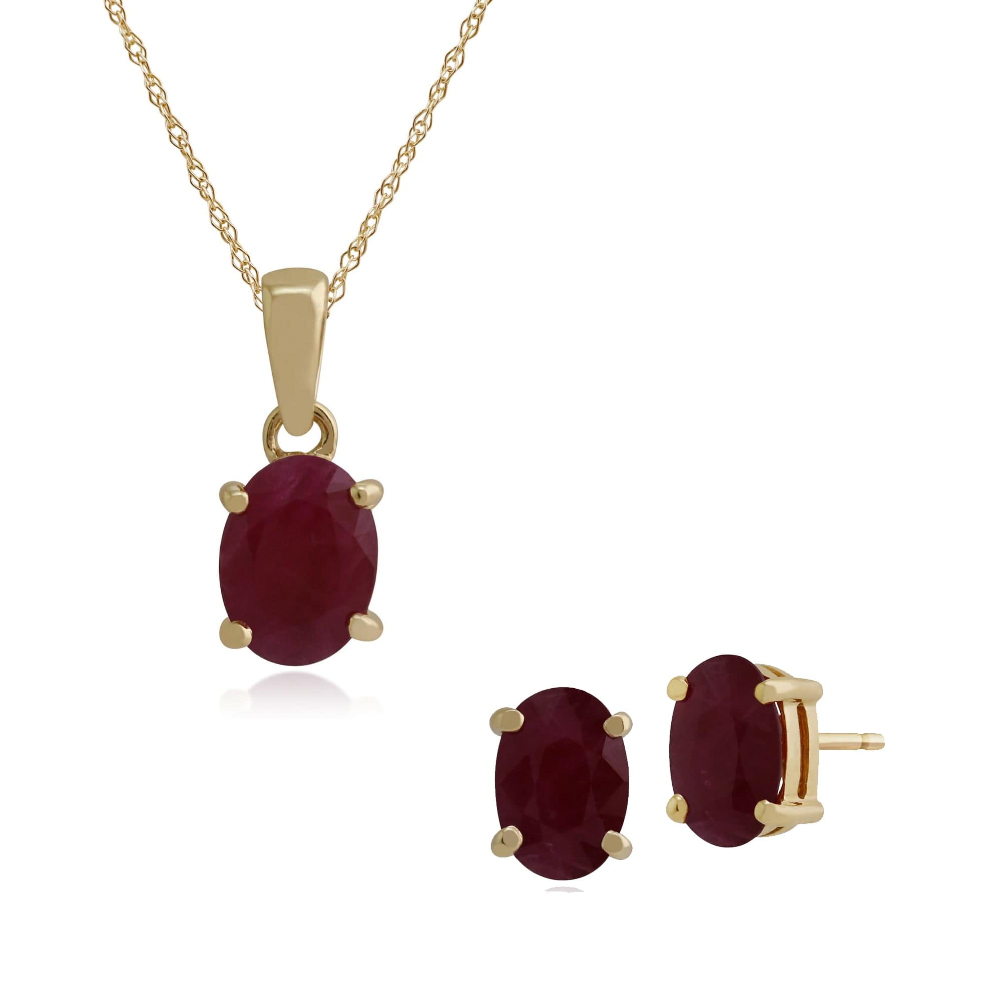 181E0729199-135P0025289 Classic Oval Ruby Single Stone Stud Earrings & Pendant Set in 9ct Yellow Gold 1