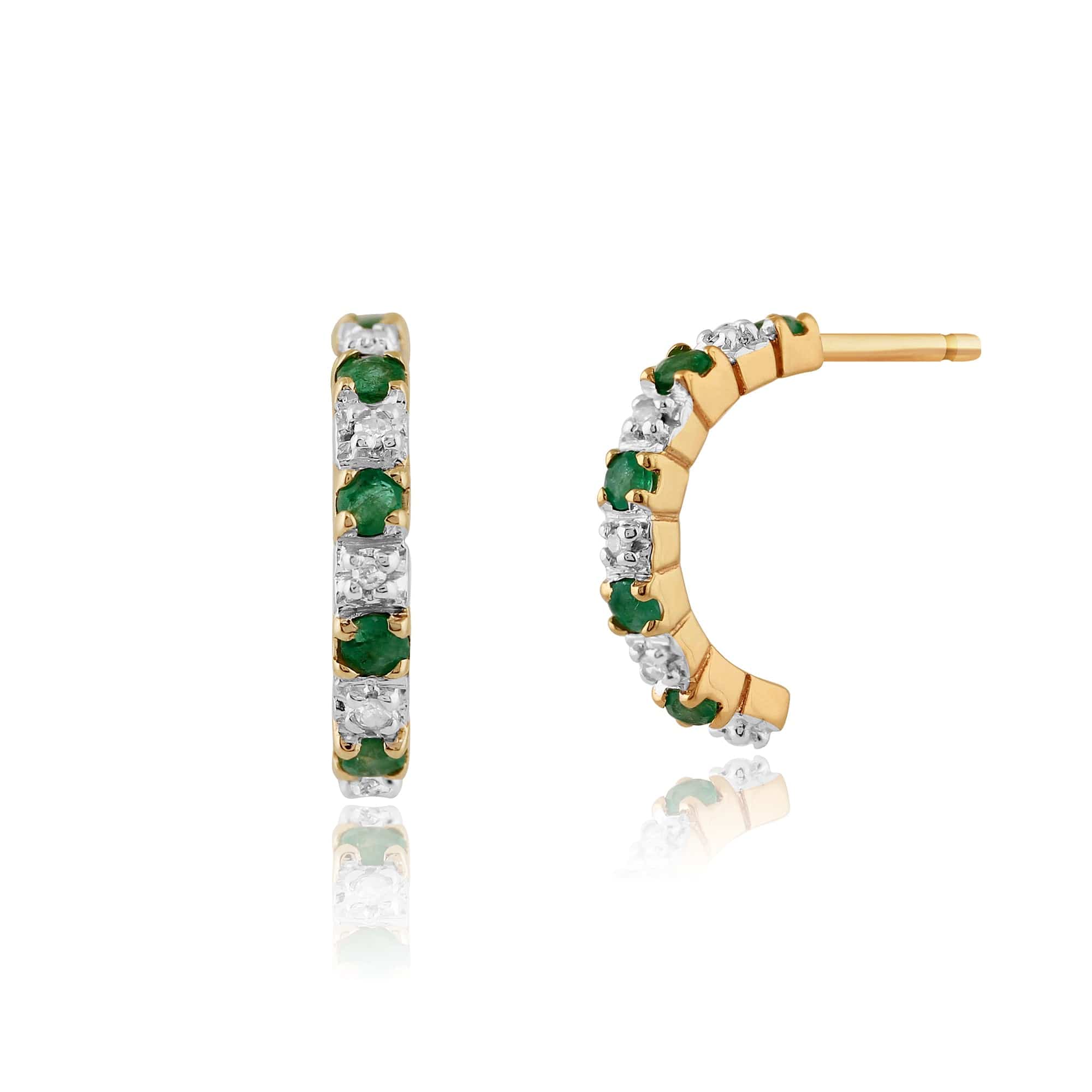 Classic Round Emerald & Diamond Half Hoop Style Earrings in 9ct Yellow Gold