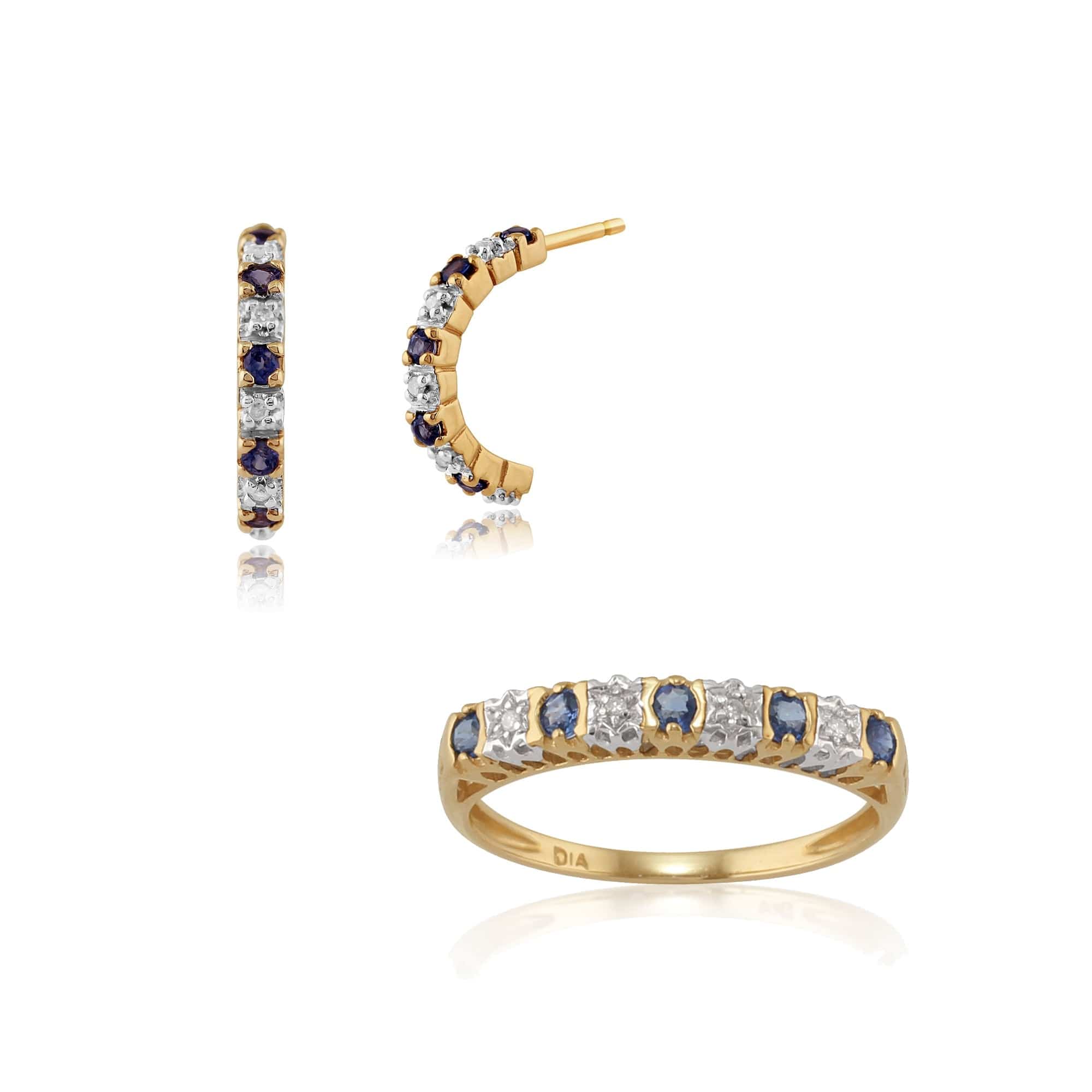 181E0763039-25387 Classic Round Sapphire & Diamond Half Hoop Earrings & Half Eternity Ring Set in 9ct Yellow Gold 1