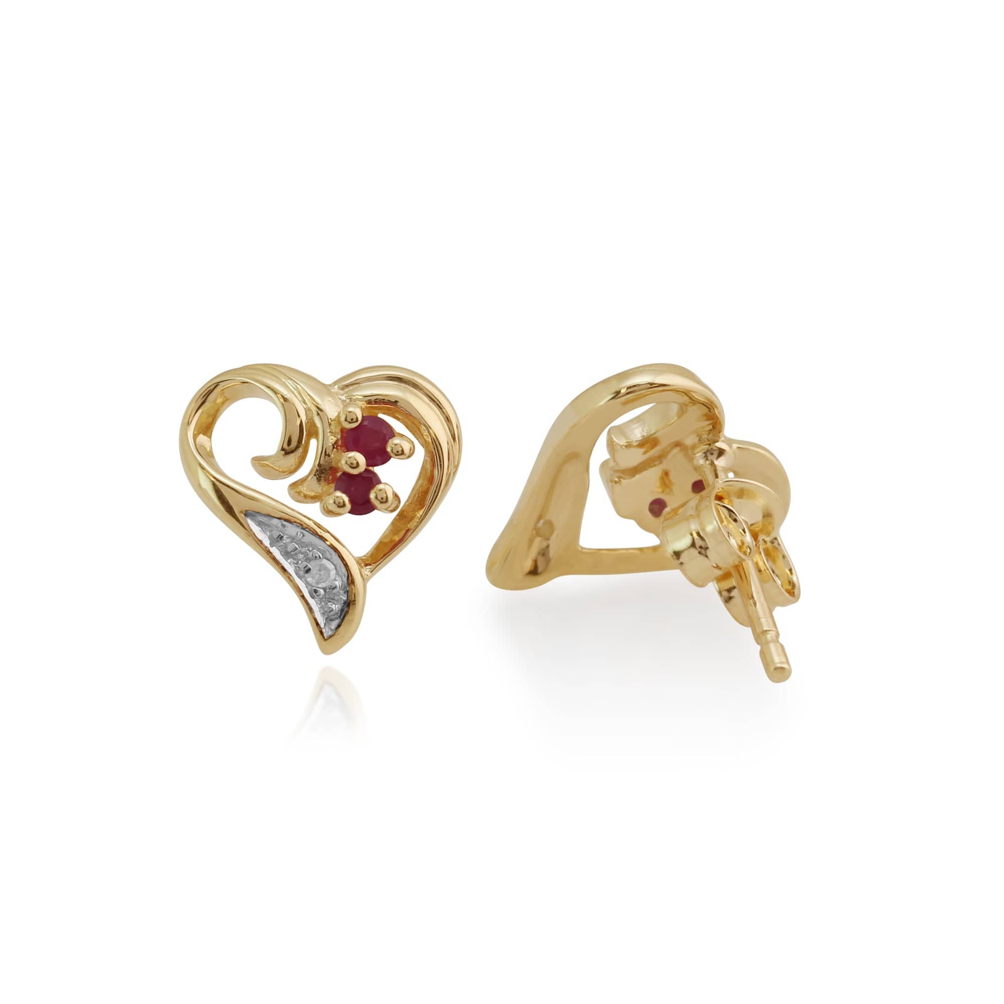 Classic Ruby & Diamond Swirled Love Heart Stud Earrings in 9ct Gold - Gemondo