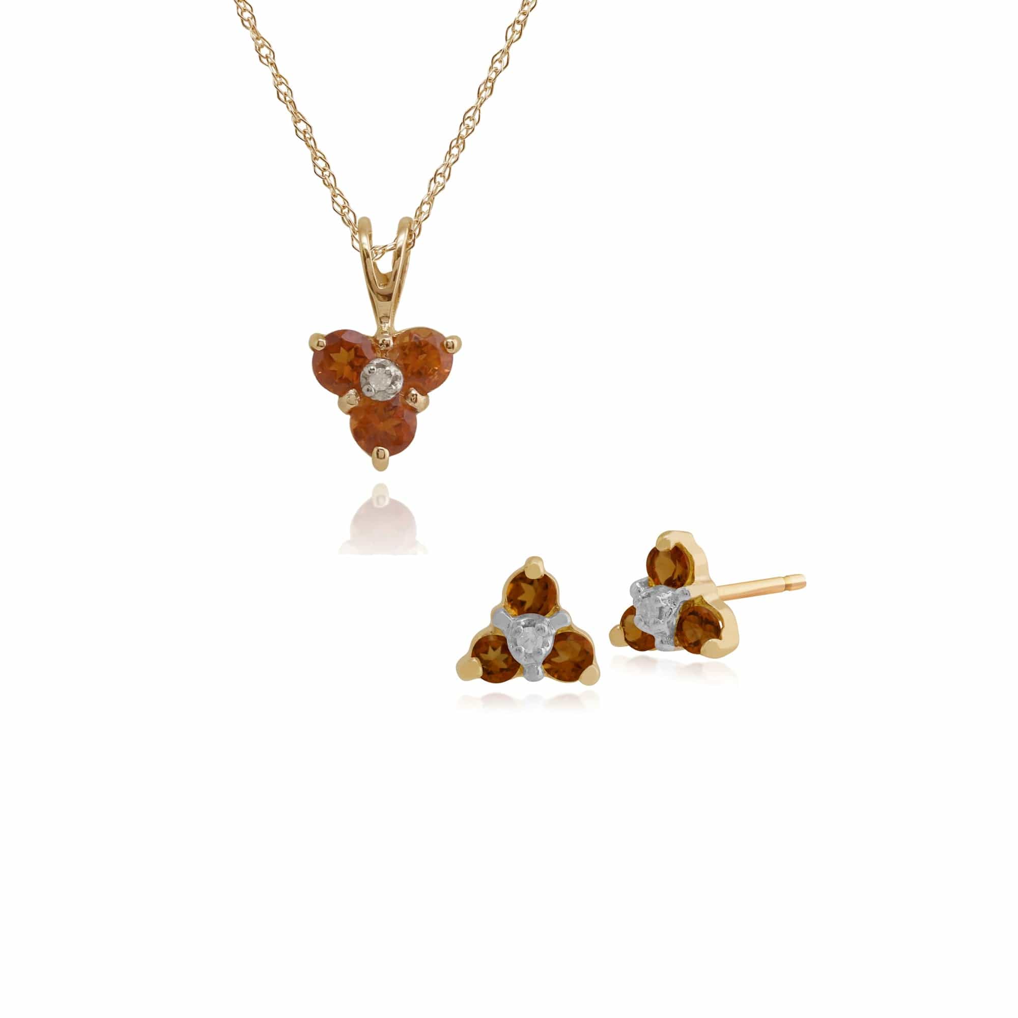 181E0018359-181P0014259 Floral Round Citrine & Diamond Flower Stud Earrings & Pendant Set in 9ct Yellow Gold 1