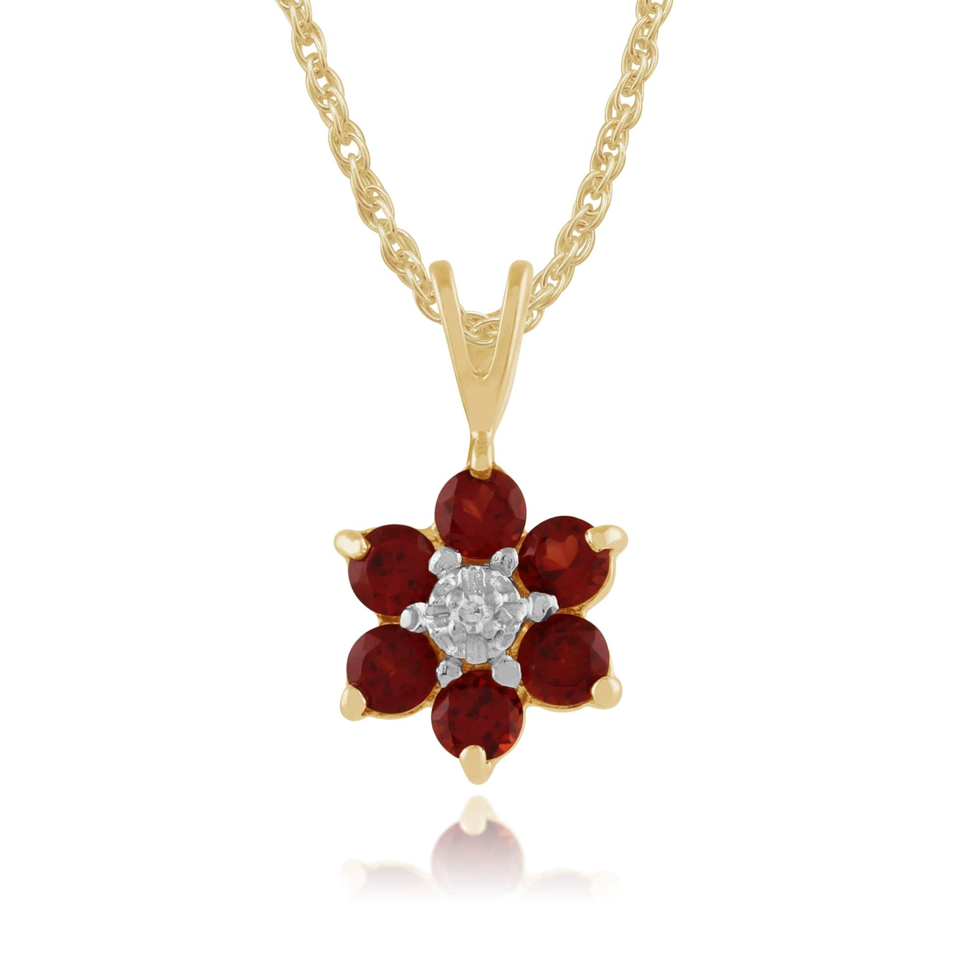 Floral Round Garnet & Diamond Cluster Pendant in 9ct Yellow Gold - Gemondo